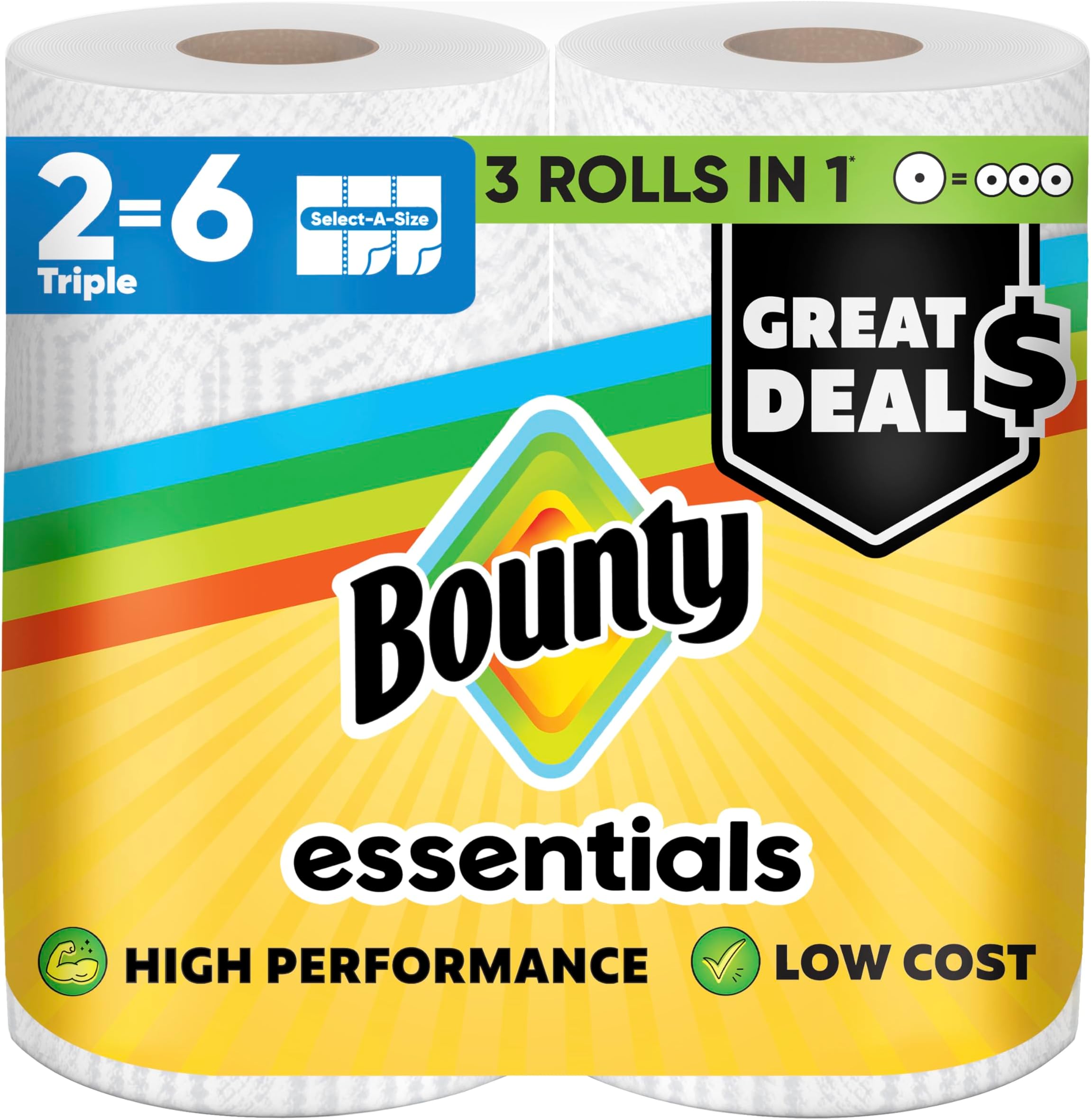 Bounty Essentials Select-A-Size Paper Towels, White, 2 Triple Rolls = 6 Regular Rolls (Packaging May Vary)
