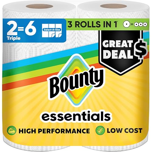Bounty Essentials Select-A-Size Paper Towels, White, 2 Triple Rolls = 6 Regular Rolls (Packaging May Vary)