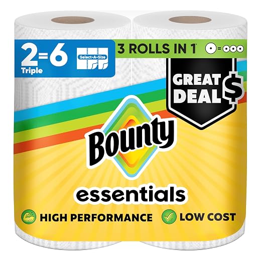 Bounty Essentials Select-A-Size Paper Towels, White, 2 Triple Rolls = 6 Regular Rolls (Packaging May Vary)