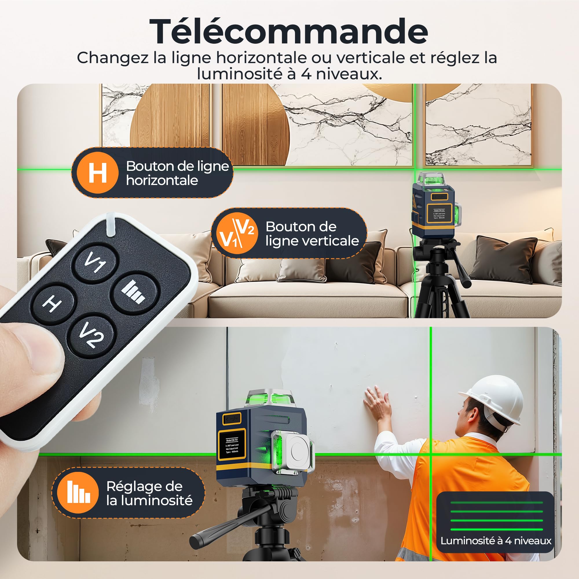 CIGMAN Niveau laser vert 3x360°, laser de chantier à nivellement automatique, distance 30m, 9 hours batterie Li-Ion, avec télécommande, support magnétique, trépied pivotant, sac de transport antichute