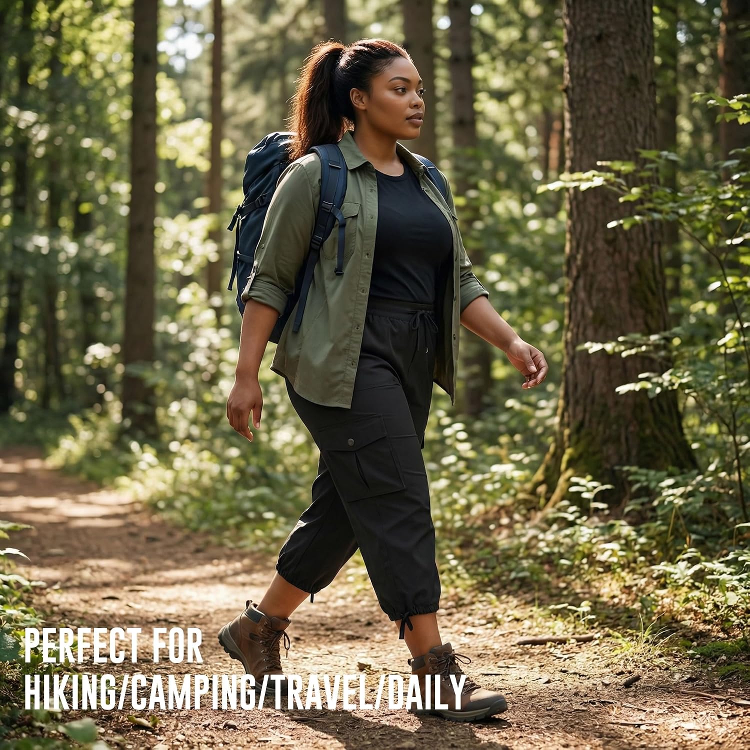 Plus Size Capris for Women with Pockets-Lightweight Stretch Pull-On Cargo Wide Leg Cropped Activewear Joggers Sweatpants