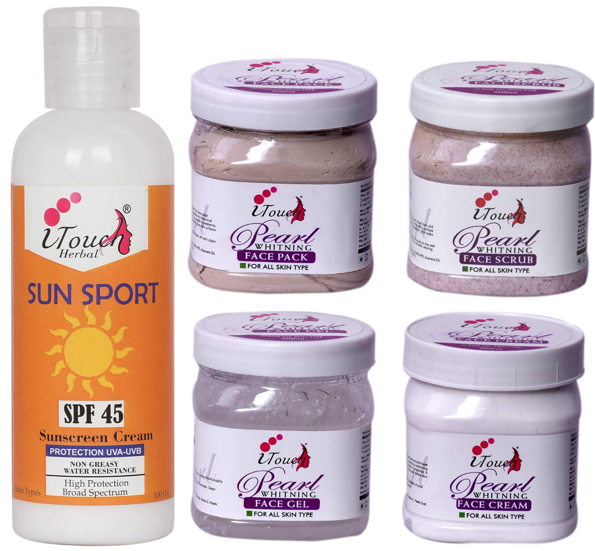 I TOUCH HERBAL PEARL SCRUB , CREAM , PACK , GEL 500 ML X 4 + SUNSCREEN LOTION SUN SPORT S.P.F 45 -100 ML (PACK OF 5)