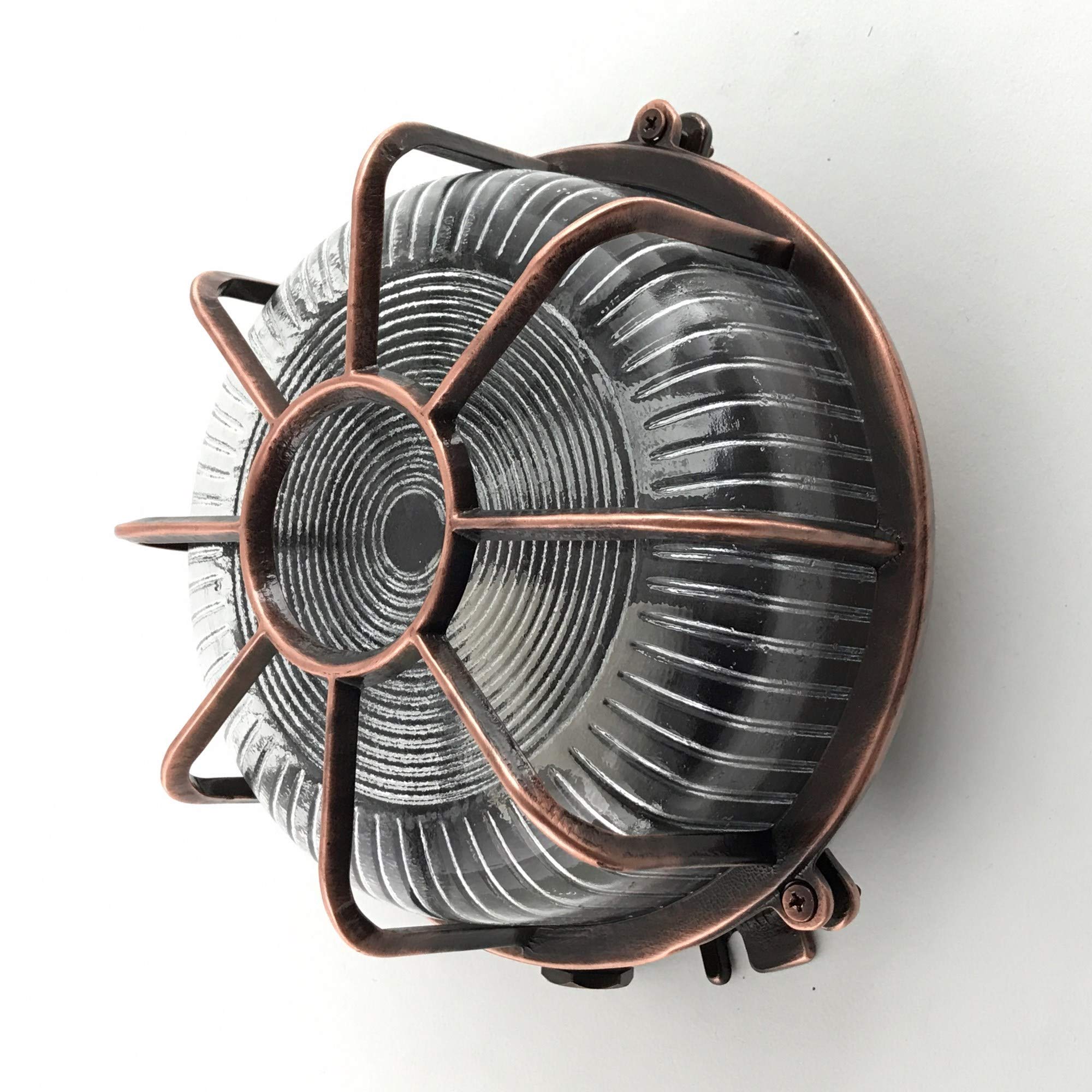 KsH and Co Alcyone IP64 Antique Copper Brass Round Bulkhead Light Octagonal Grid
