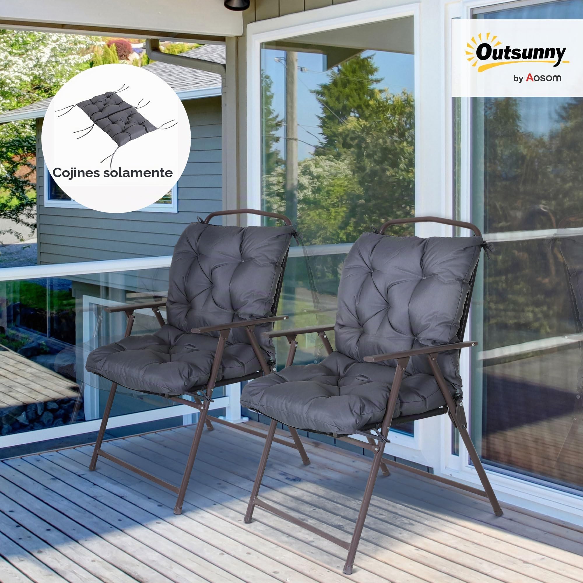 Outsunny Conjunto de 2 Cojines para Silla Terraza 98x50x8 cm Gris Oscuro | Colchones de Banco con Respaldo, 6 Cordones de Fijación, para Jardín Terraza Balcón