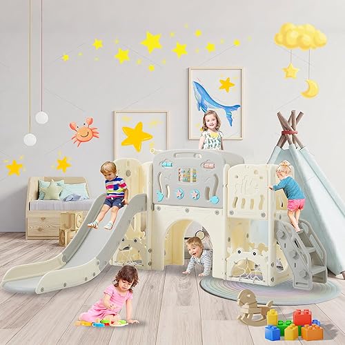 Juego multiactividad 11 en 1 para niños pequeños con tobogán, aro de baloncesto y telescopio, patio de juegos para interiores y exteriores para