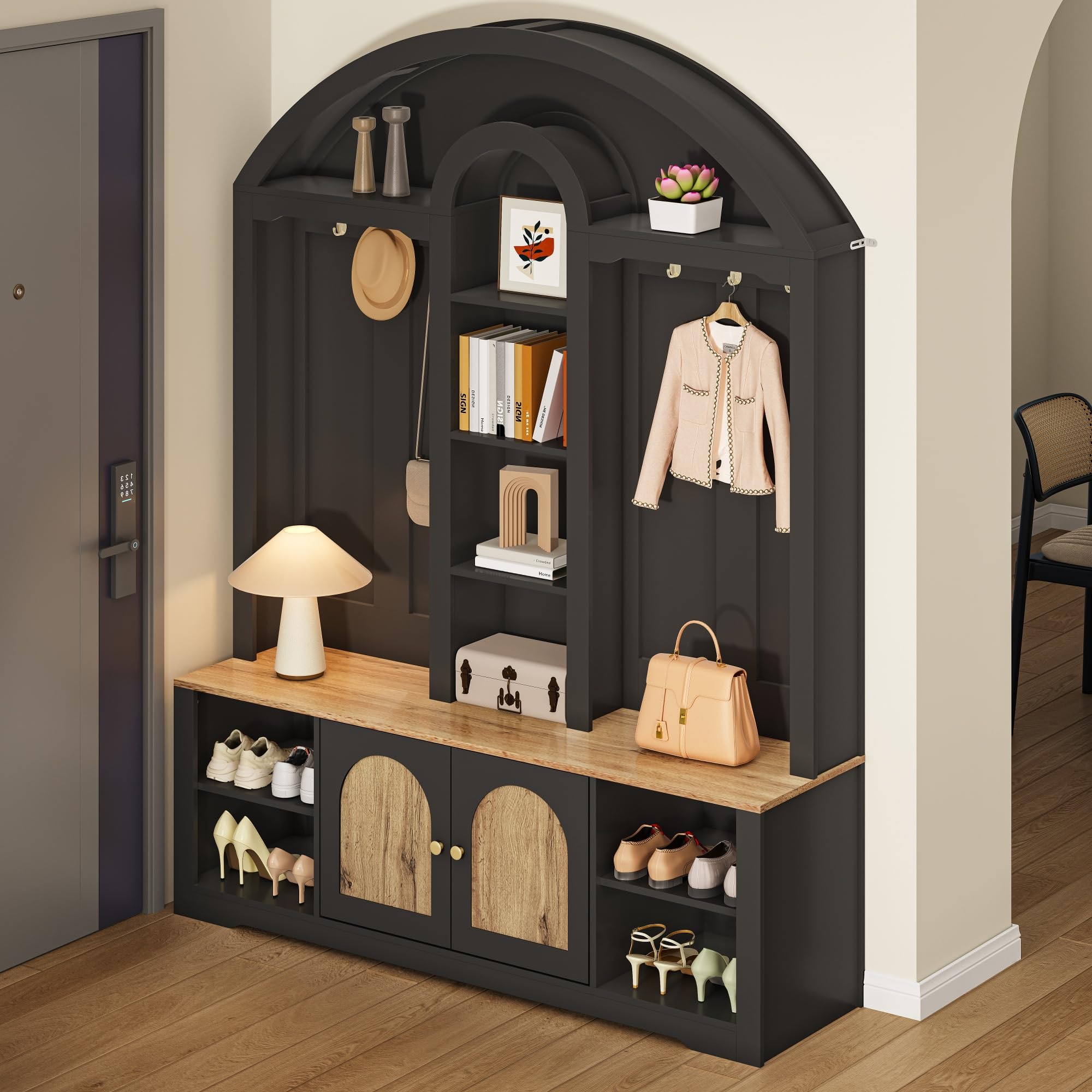 Garderobenset Hoch 195 cm mit LED Licht und Sitzbank, Garderobenschrank Flurgarderoben Set mit Haken und Schuhschrank, Schwarz