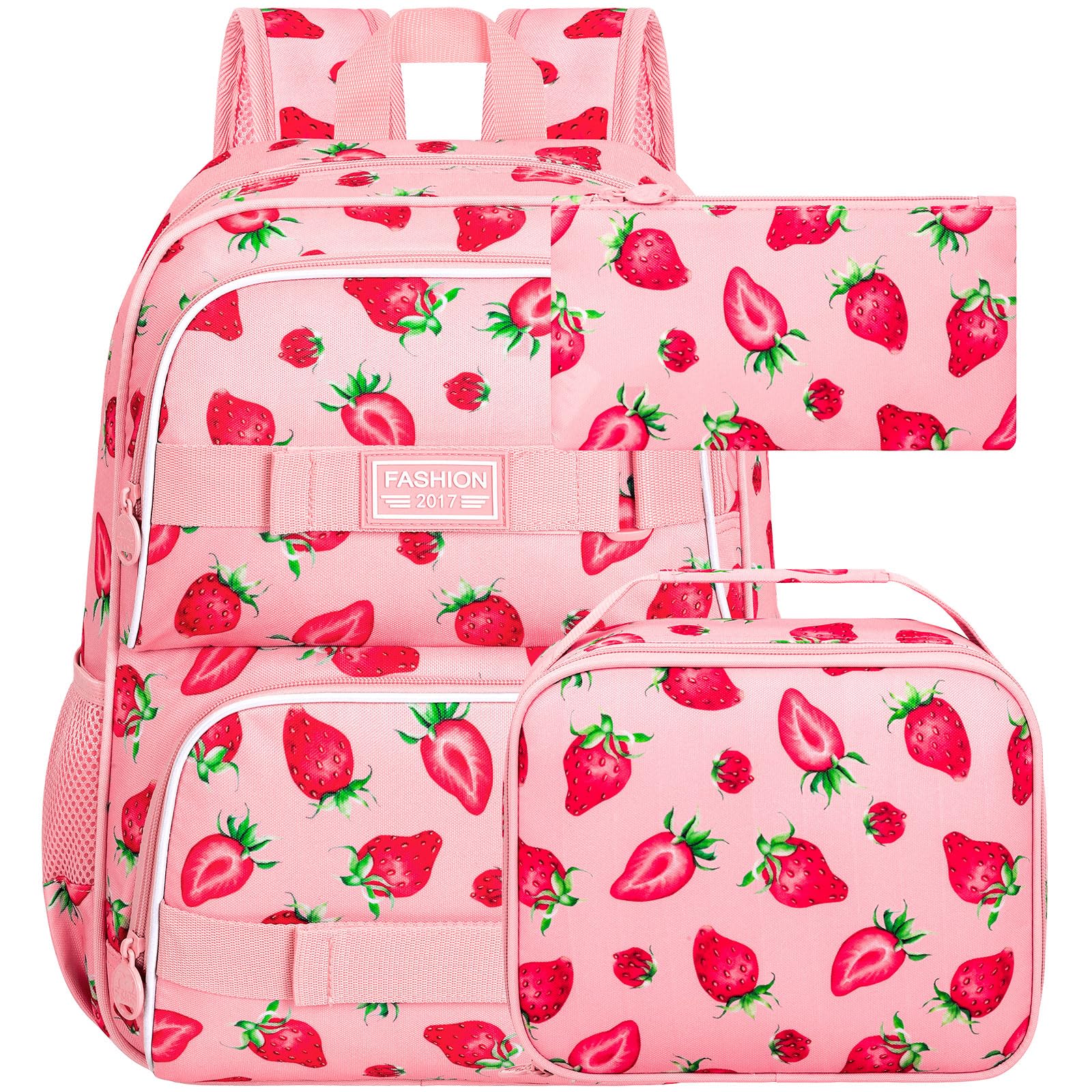 HPJGD 3PCS Backpack for Girls, 17" Water Resistant School Bag with Lunch Box, Cute Strawberry Bookbag Set for Women College Teenagers High Middle