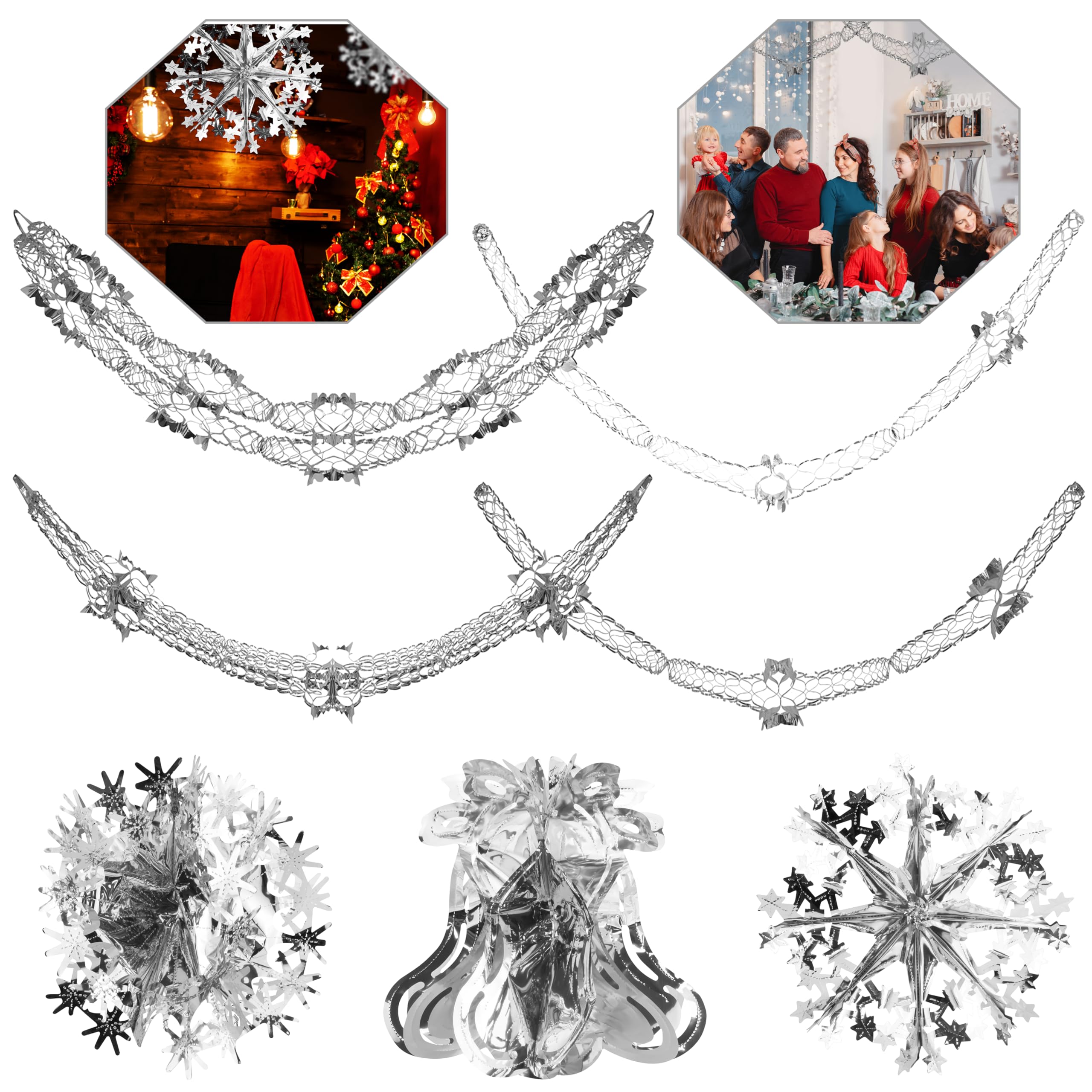 Hovuk Silver Hovuk® Christmas Hanging Ceiling And Wall Foil Garland, Bell, Ball, Snowflake Decoration (, Set Of 7)