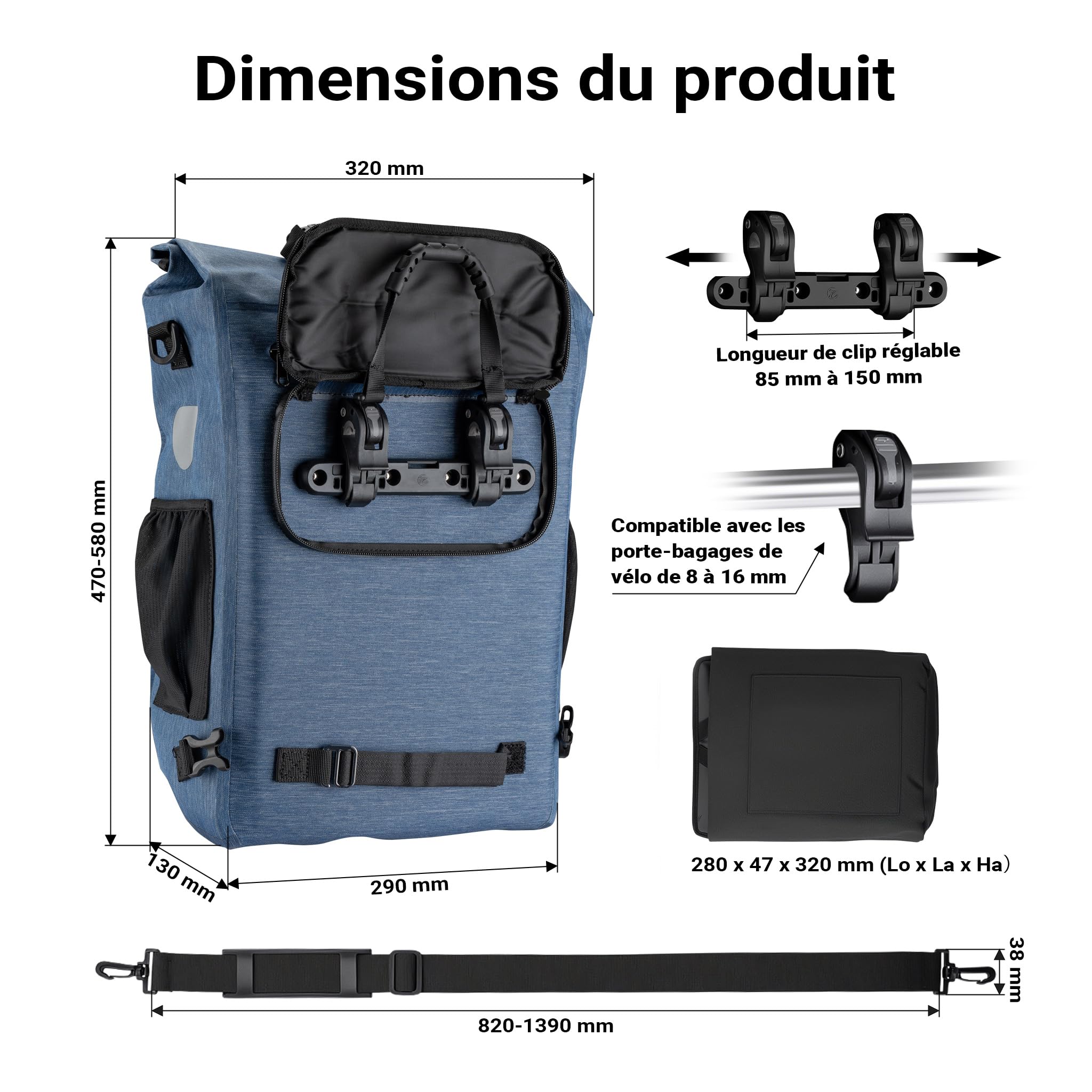 Wiltec Sacoche sac à dos étanche pour porte-bagages bleue – capacité de 20 L – en 600D TPU – avec compartiment pour ordinateur portable – pour vélos et vélos électriques – Sac de bicyclette – Cyclisme