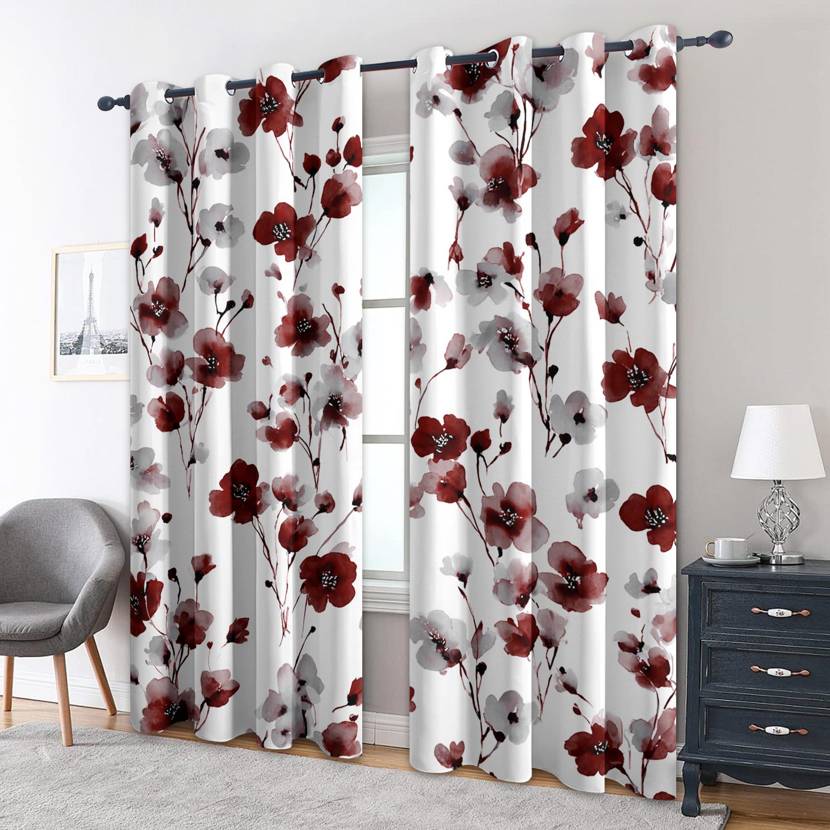 Red Poppy Blackout Curtains, 54 Drop, Vintage Flower Floral Printed Curtains for Living Room, Bedroom, Eyelet Drapes for Window Home Decor, 46x54 Inch 2 Panels (2l8-73)