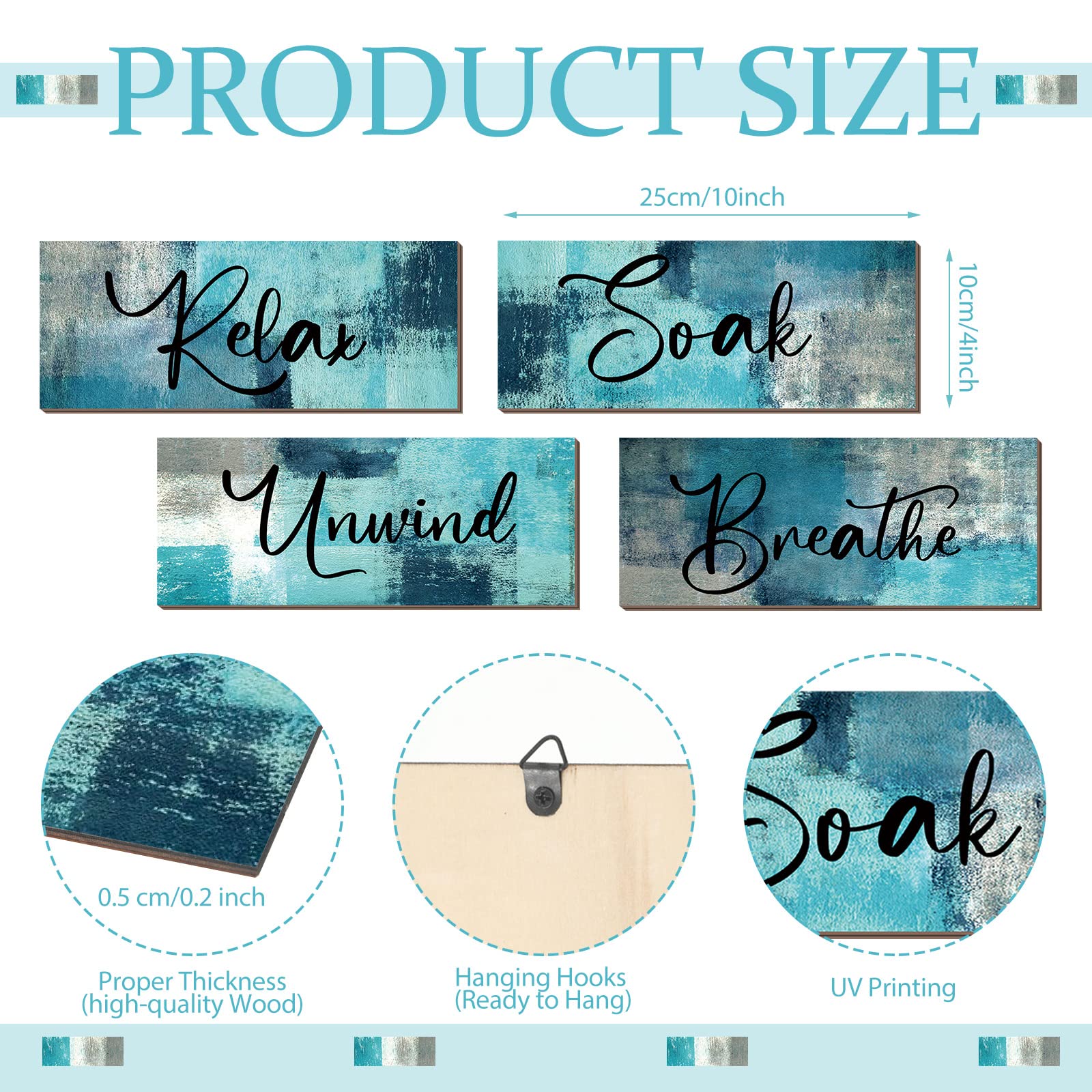 Maitys 4 Pcs Bathroom Wall Decor 10 x 4 Inch Bathroom Wall Art Contemporary Wood Restroom Pictures for Soak Unwind Relax Hanging Sign Spa Rustic Vintage Farmhouse Pediments(Turquoise and Grey)