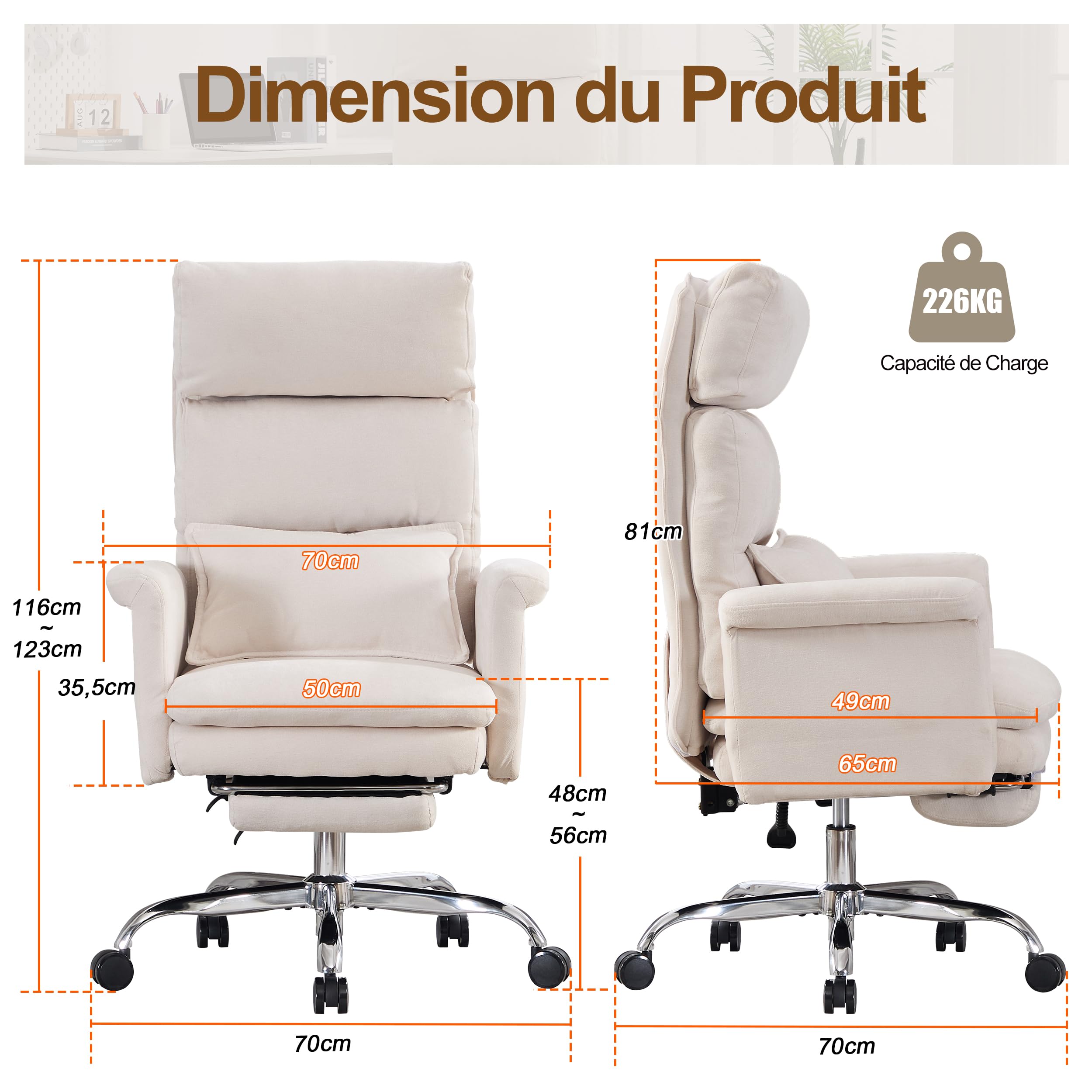 UEV Chaise de Loisirs 226 kg(500lb), Fauteuil Pivotant en Chenille, Beige