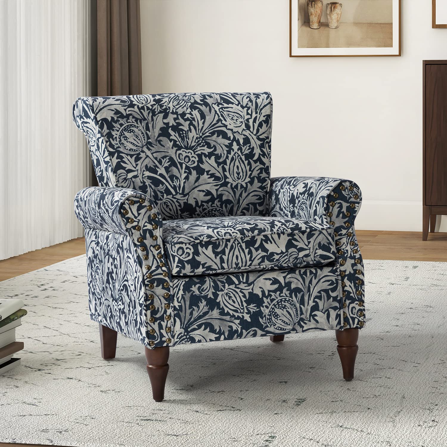 HULALA HOME Modern Wingback Accent Chair with Wood Legs & Removable Cushion, Comfy Upholstered Armchair with Nailhead Trim, Floral Pattern Single Sofa