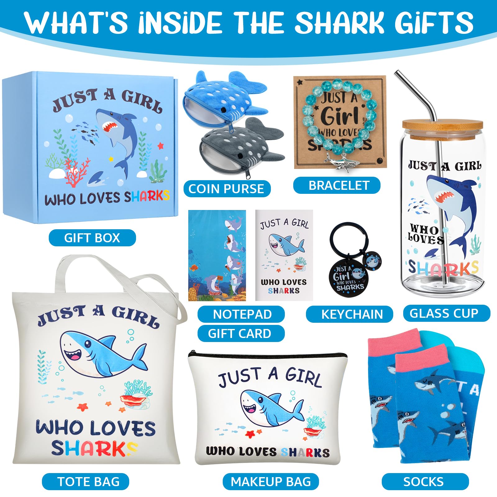 Shark Gifts for Women, 10Pcs Shark Lovers Gift for Girls Including Glass Cup Bracelet Tote bag Makeup Bag Shark Coin Purse Socks Notepad Gift Card for Christmas Birthday Mothers Day