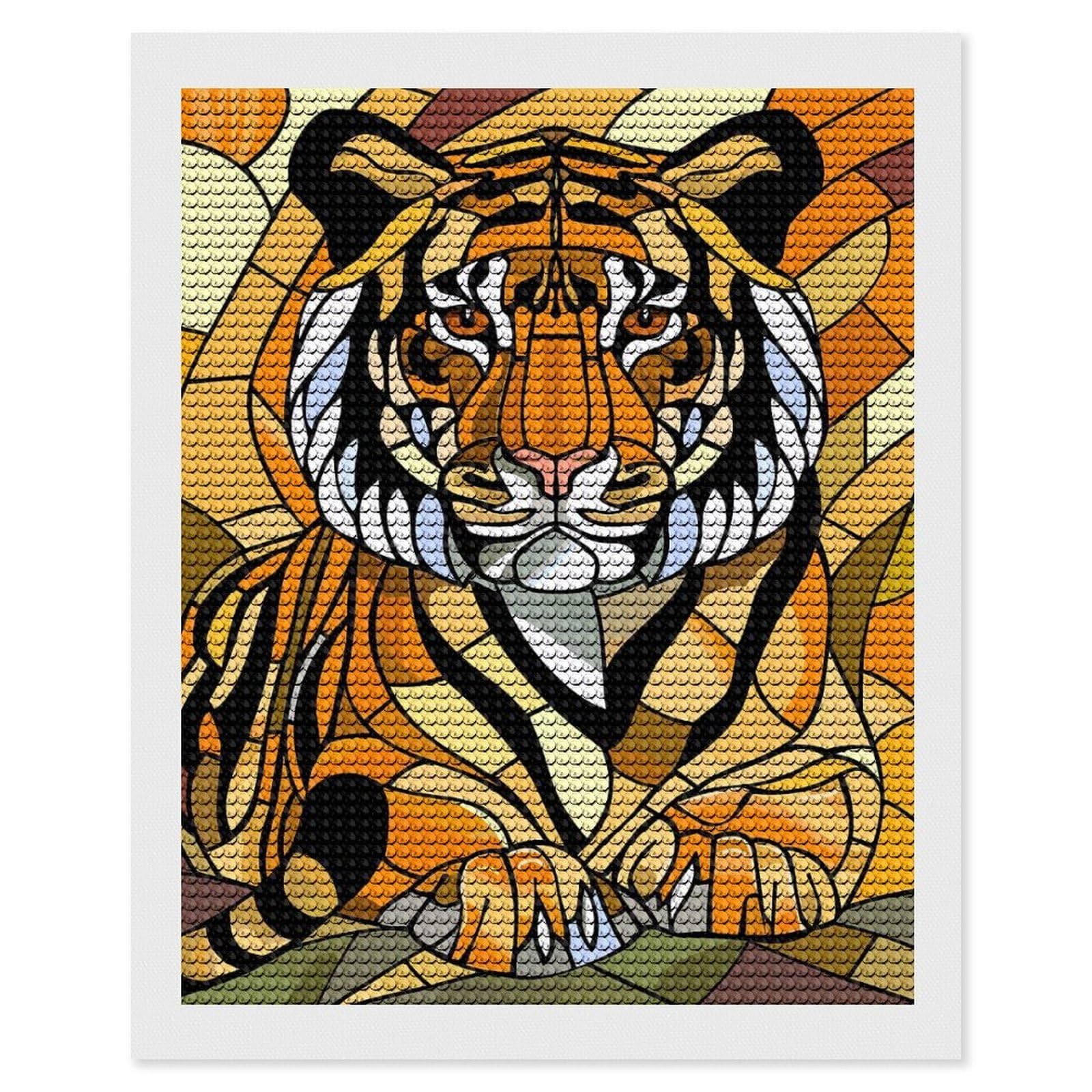 Junmoney Stained Glass Tiger Portrait Diamond Painting Canvas Set 16"x20", for Adults, Sparkling Round Gems, Thoughtful Handmade Gift, Modern Decor