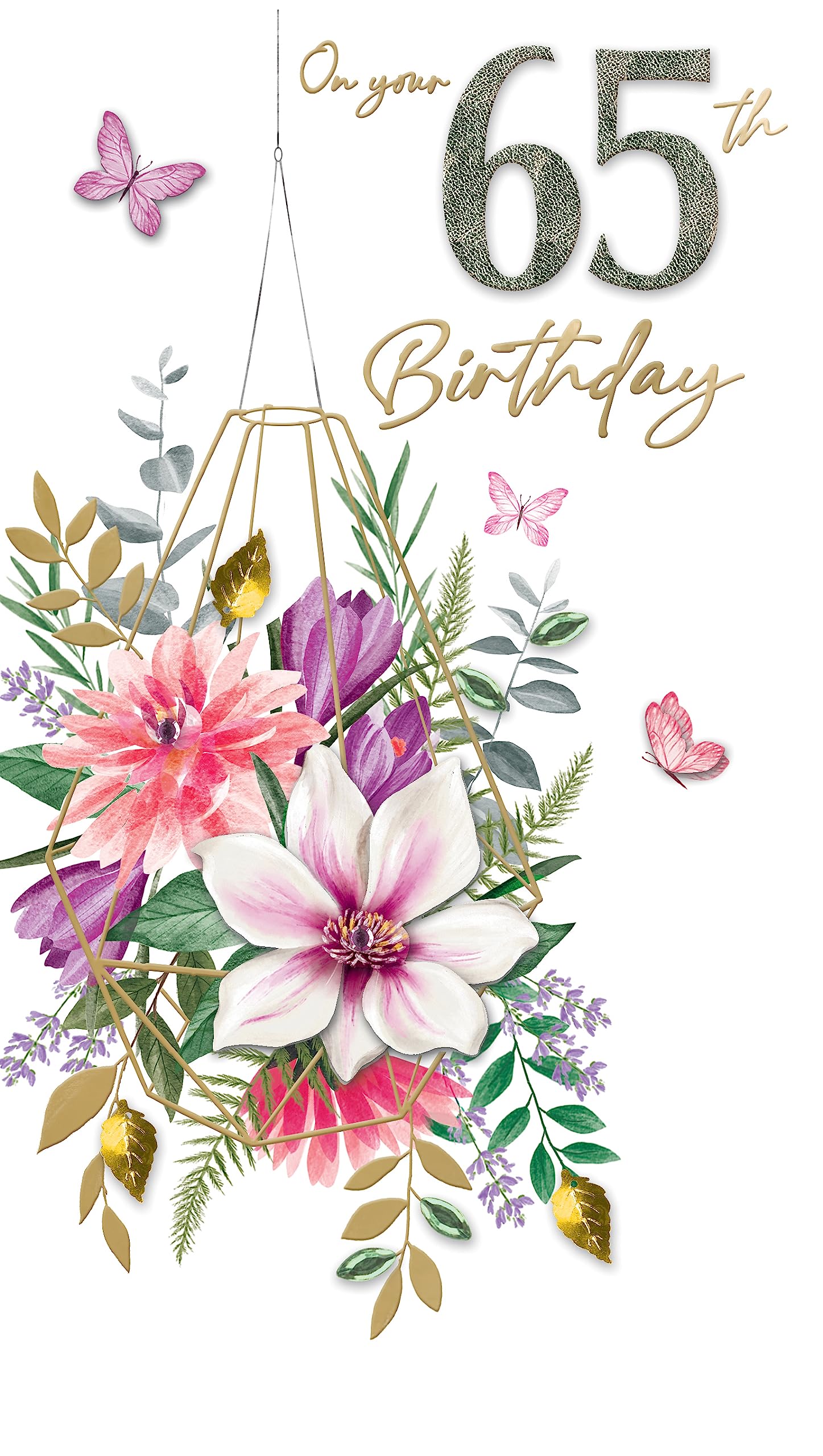 Jonny Javelin Geburtstagskarte Zum 65. – Mit Champagner, Blumen Und Geschenk-Motiv, Gestanzt & Glitzernd, Größe 157x235 Mm