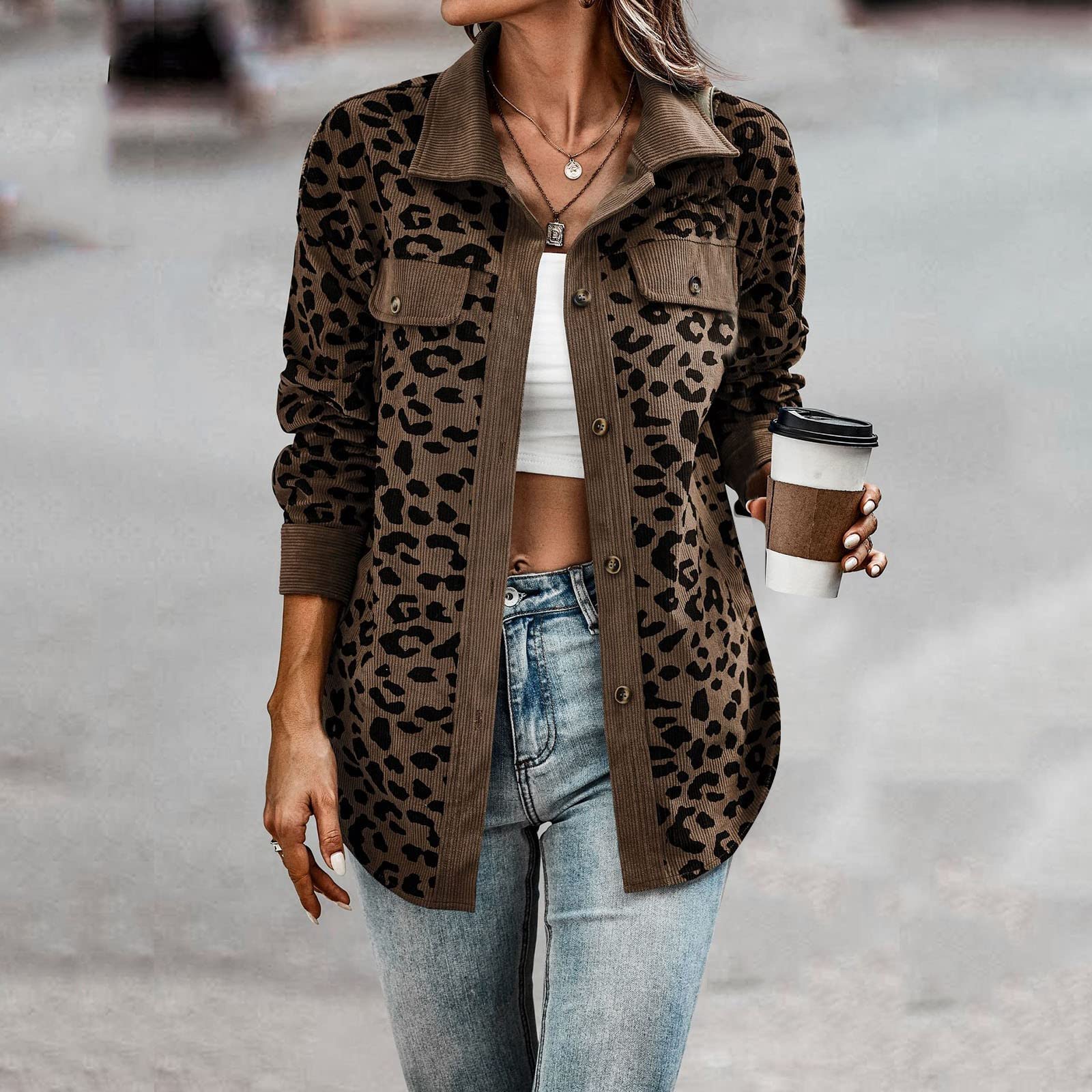 Generisch Damenbekleidung Damen Button-Down-Hemden mit Langen Ärmeln, übergroße Cordhemden mit Leopardenmuster, Lange Ärmel, Jacken, Mäntel mit Taschen Damen Mantel Hochzeit (Brown, XXL)