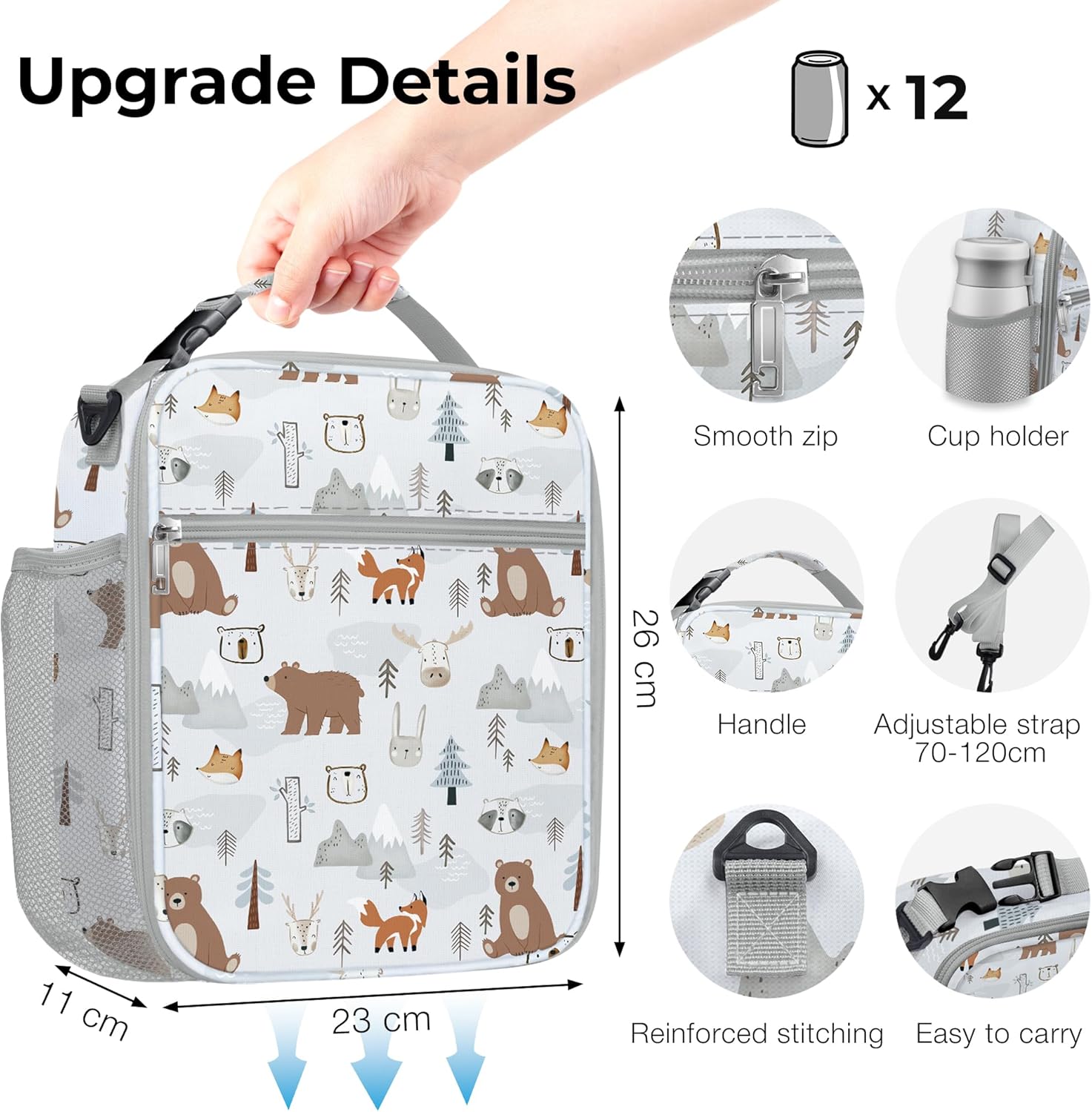 Clastyle Jungle Animal Insulated Kids Lunch Bag Leaf Large Thermal Cooler Bag for Girl Picnic School Toddler Lunch Box Tote,Grey - Image 6