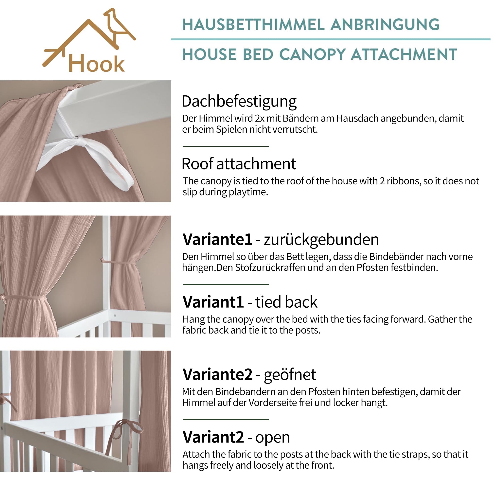 Hook Hausbett Himmel Deko Set, Betthimmel Hausbett aus Musselin - 2 Betthimmel & 1 Wimpelkette, für Jungen Mädchen Deko für Kinderzimmer, Baldachin Kinderzimmer Deko I 67 x 320cm Beigerosa
