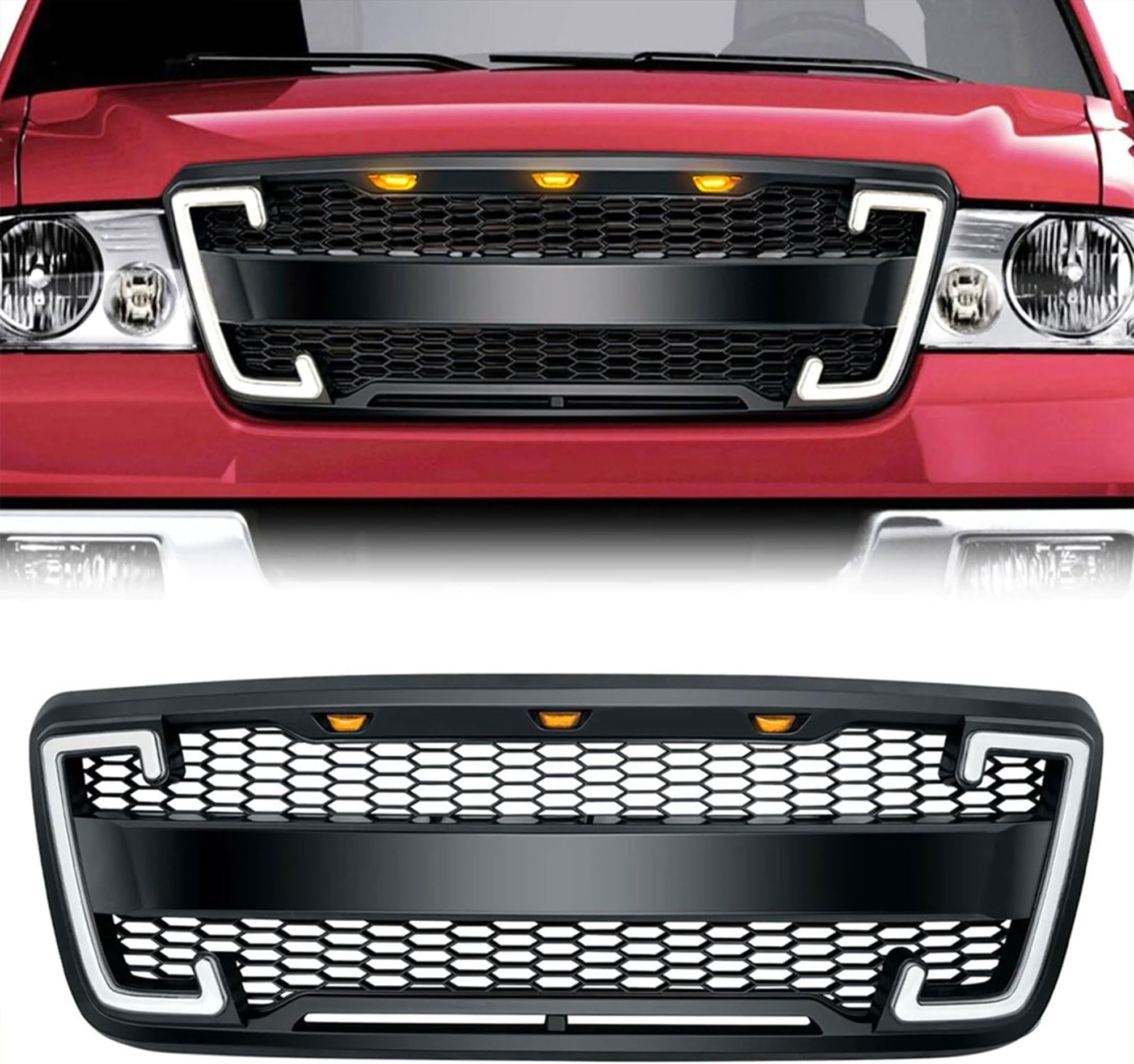 AMERICAN MODIFIED Front Grille Compatible with 2004-08 Ford F150, Replacement Grill w/ DRL & Turn Signal, Matte Black
