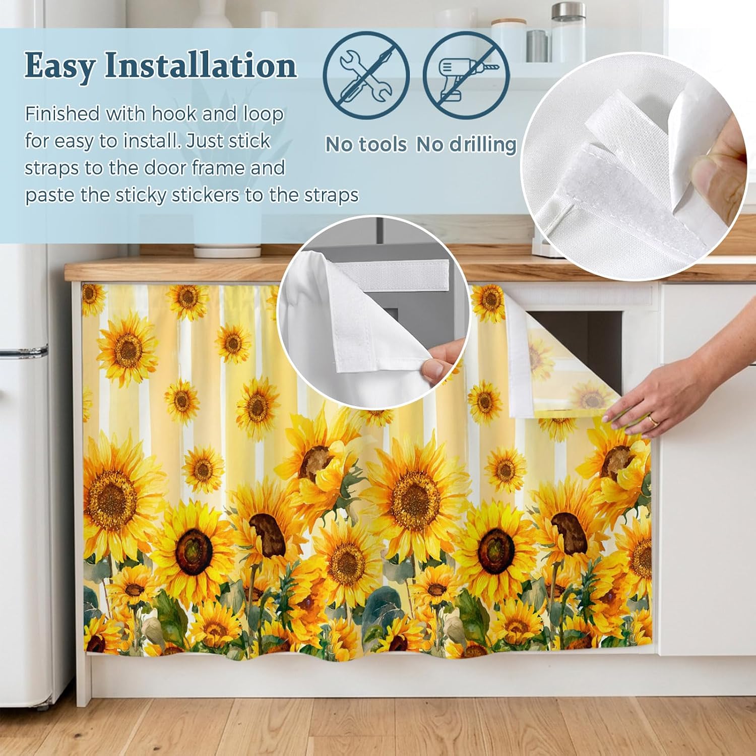 Cabinet Curtains 35x35inch Sink Skirt, Summer Sunflower Yellow Stripe Desk Skirt for Kitchen Bathroom Shelves, Pastoral Green Leaves Privacy Cabinet Curtain Self Stick Adhesive Under Sink Skirts