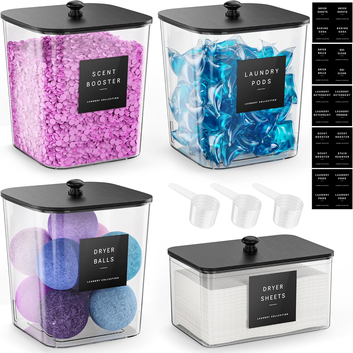 4 Pack Laundry Pods Container, Clear Laundry Room Organization Containers,Large Laundry Detergent Powder Storage Containers Black Wooden Lids & Labels, Acrylic Laundry Pods Holder for Scent Booster