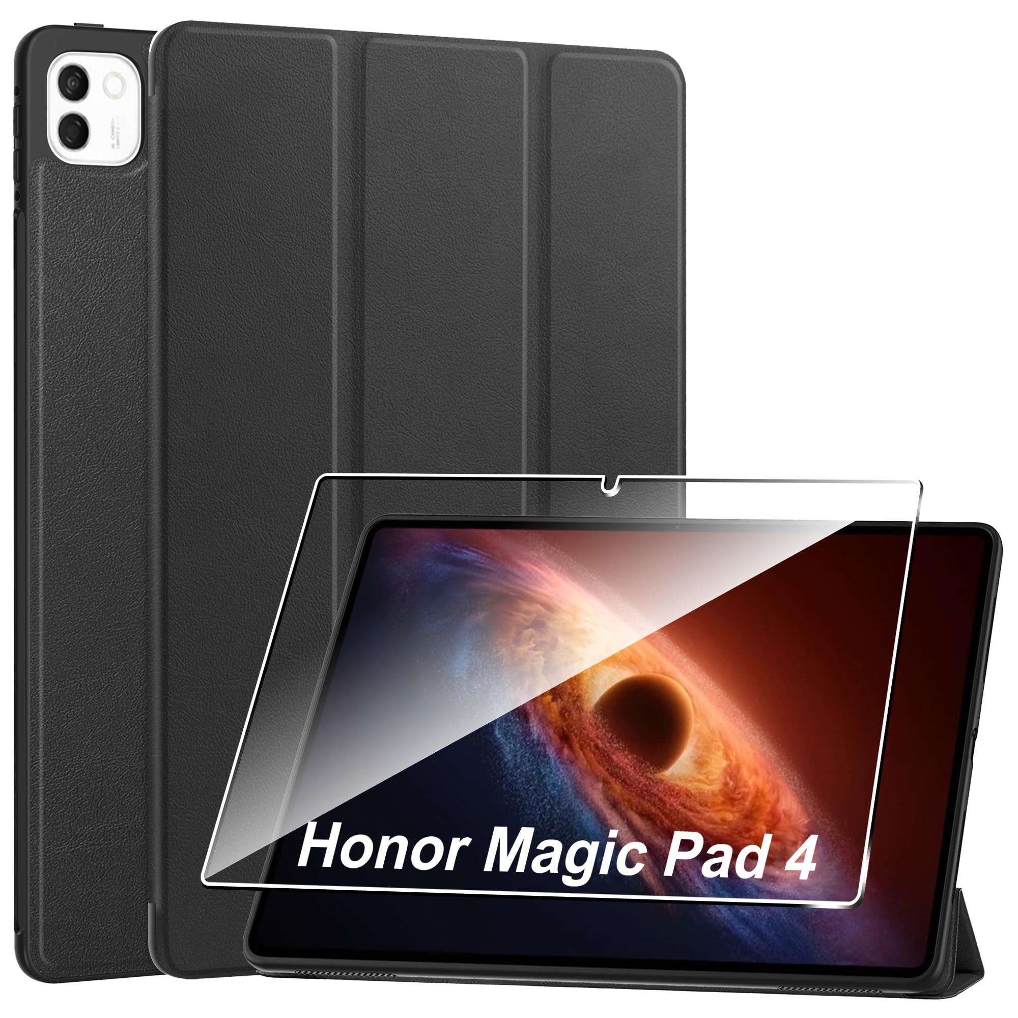Heioloo Hülle für Honor Magic Pad 4/HONOR MagicPad4 12.3" Schutzhülle mit Auto Schlaf/Wach, mit [1 Stück] Panzerfolie Schutzfolie, [PU Leder][Standfunktion] [Anti-Kratzen]-Schwarz