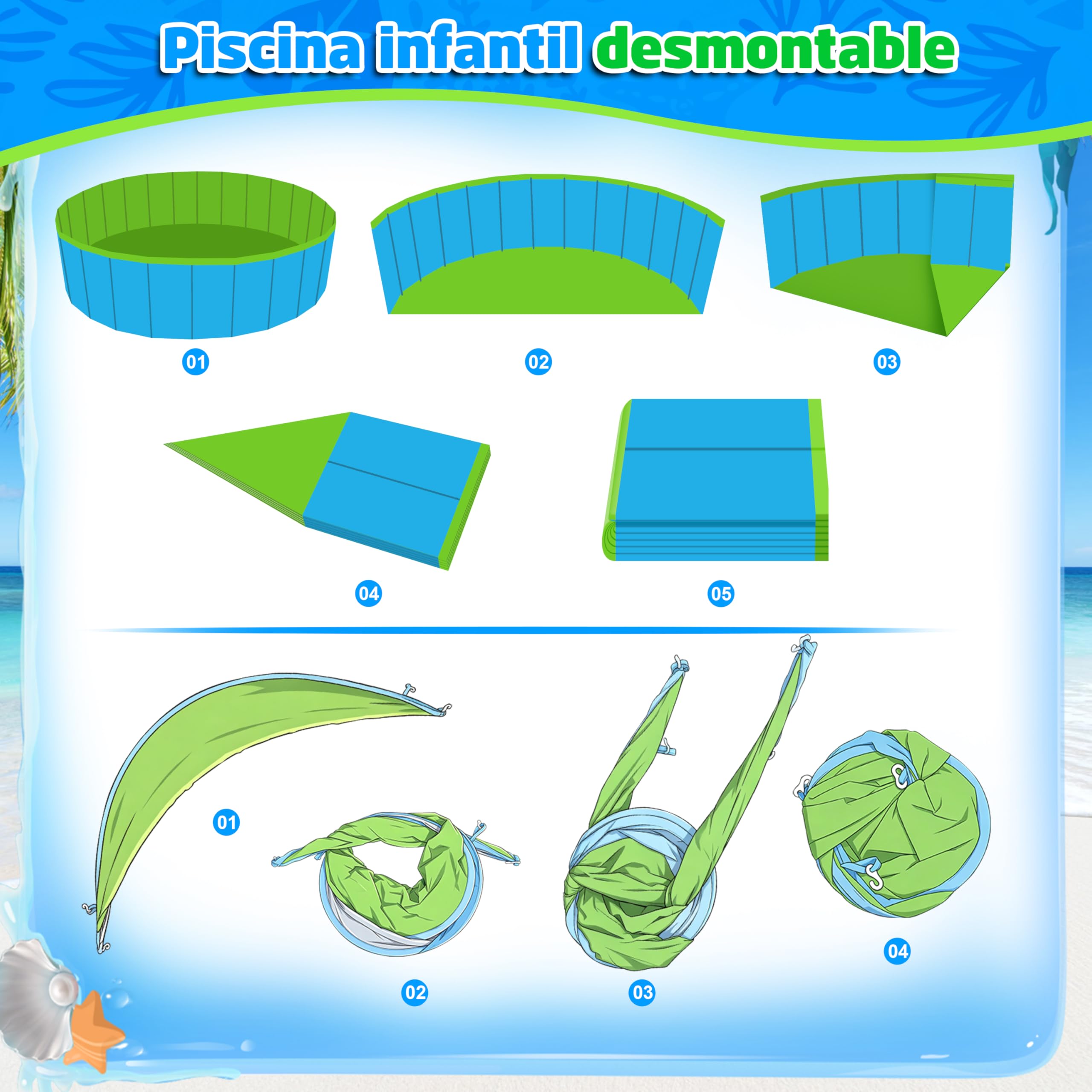 JONRRYIN Piscina para Niños, Piscina Infantil con Toldo y Pulverización Protección UV SPF50+, Tienda de Playa Plegable Portátil para Jardín Playa Picnic 120x36 cm