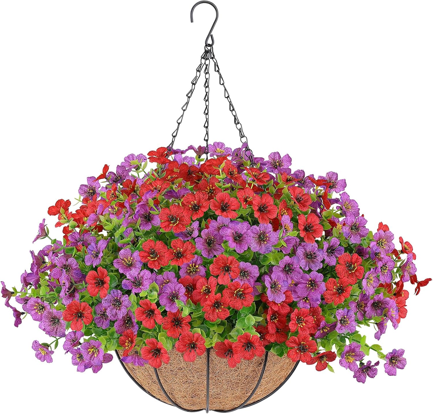 Artificial Flowers Hanging Plants in Basket,Artificial Hanging Flowers for Spring Outdoor Indoor Decor,UV Resistant hanging Baskets with Fake Flowers for Summer Patio Garden Porch Deck Home Decor