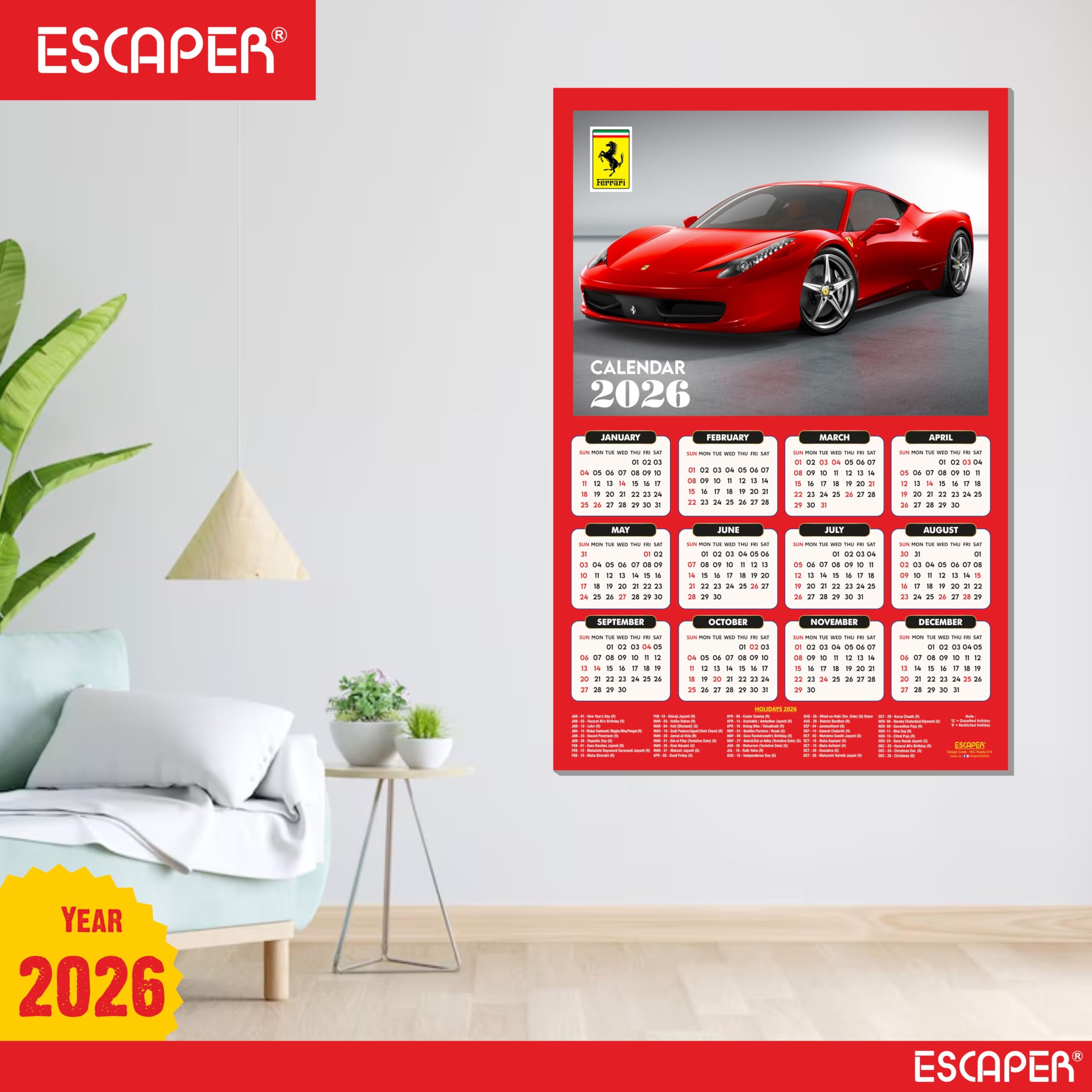 ESCAPER Calendario de pared de coche 2026 - 45 x 30 cm, decoración de pared de coche deportivo y automóvil, calendario colgante grande para decoración de habitación y hogar