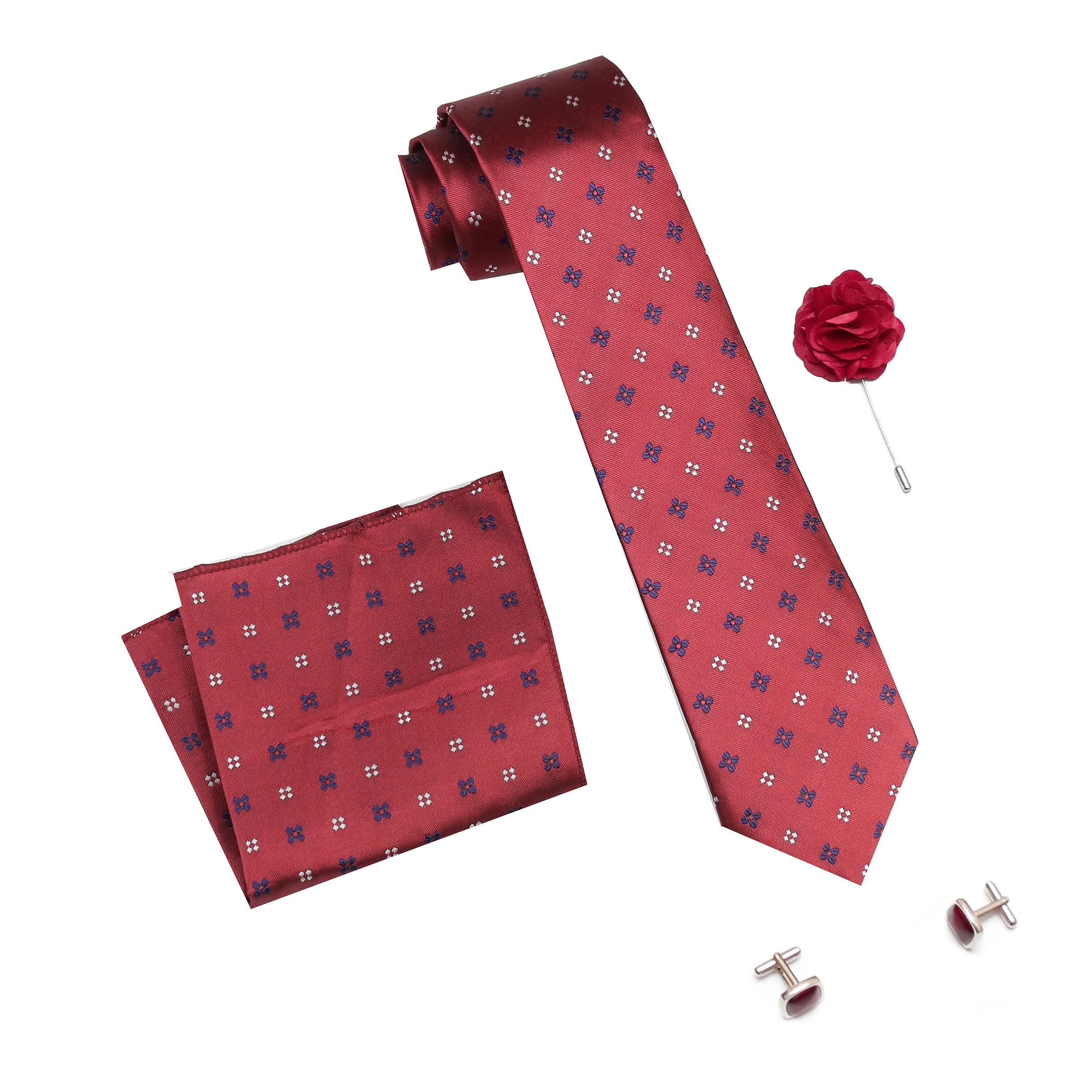RIZORO Tie for Men – Dotted Silk Neck Ties Set with Cufflinks Flower Pin, Pocket Square & Black Gift Box, Combo Necktie Sets for Office Wear, Formal Suits & Weddings (Maroon, 4D3MRRX) 3