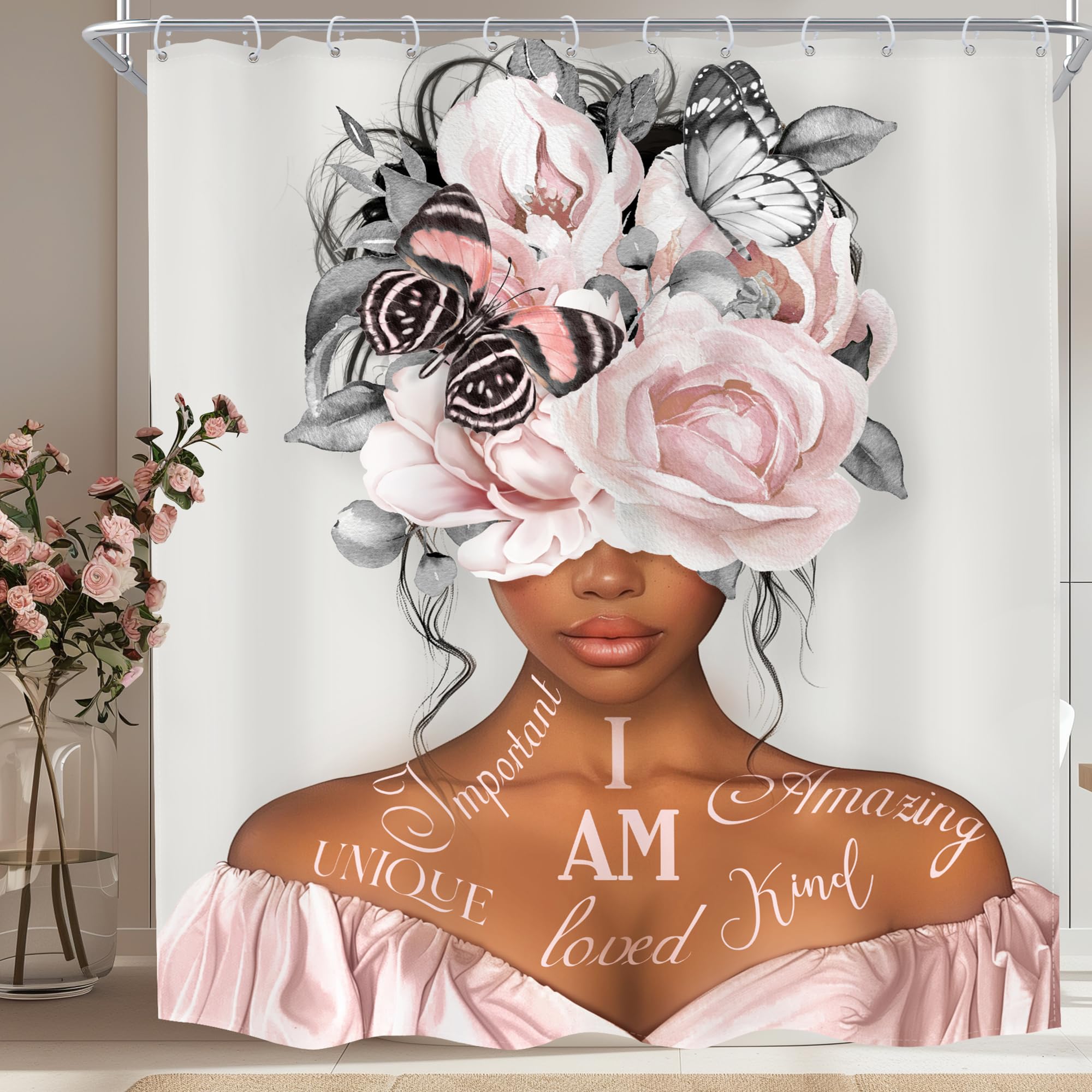 MESHELLY Black Girl Shower Curtain 72Wx72H Gray Pink Shower Curtain Peony Floral African American Motivational Quotes Bathroom Curtain Grey Butterfly