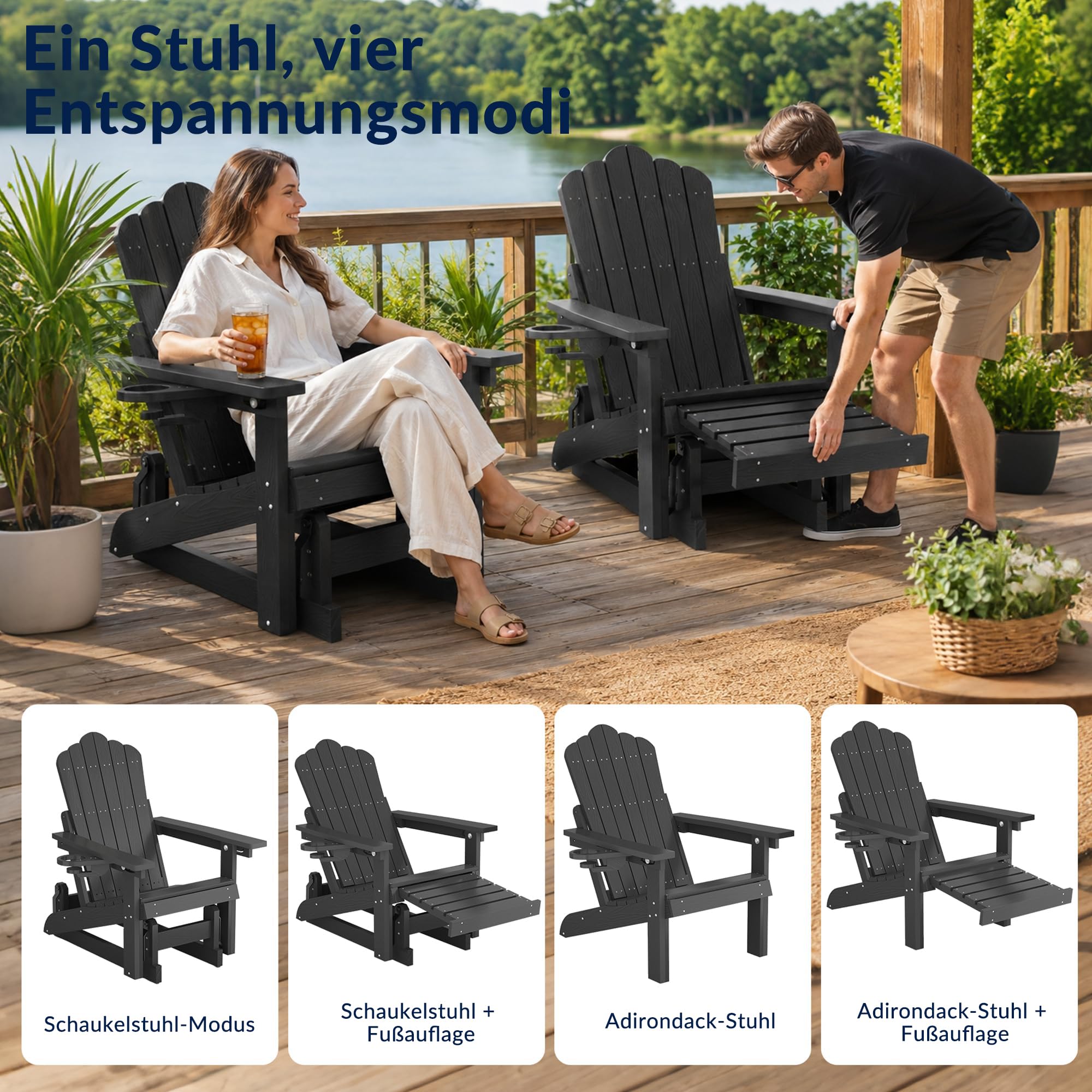 Adirondack Stuhl mit Fußstütze, HDPE Adirondack Chair Gartensessel mit Getränkehalter und Gleitfunktion, verstellbare Rückenlehne, wetterfest und pflegeleicht für Garten, Terrasse und Balkon