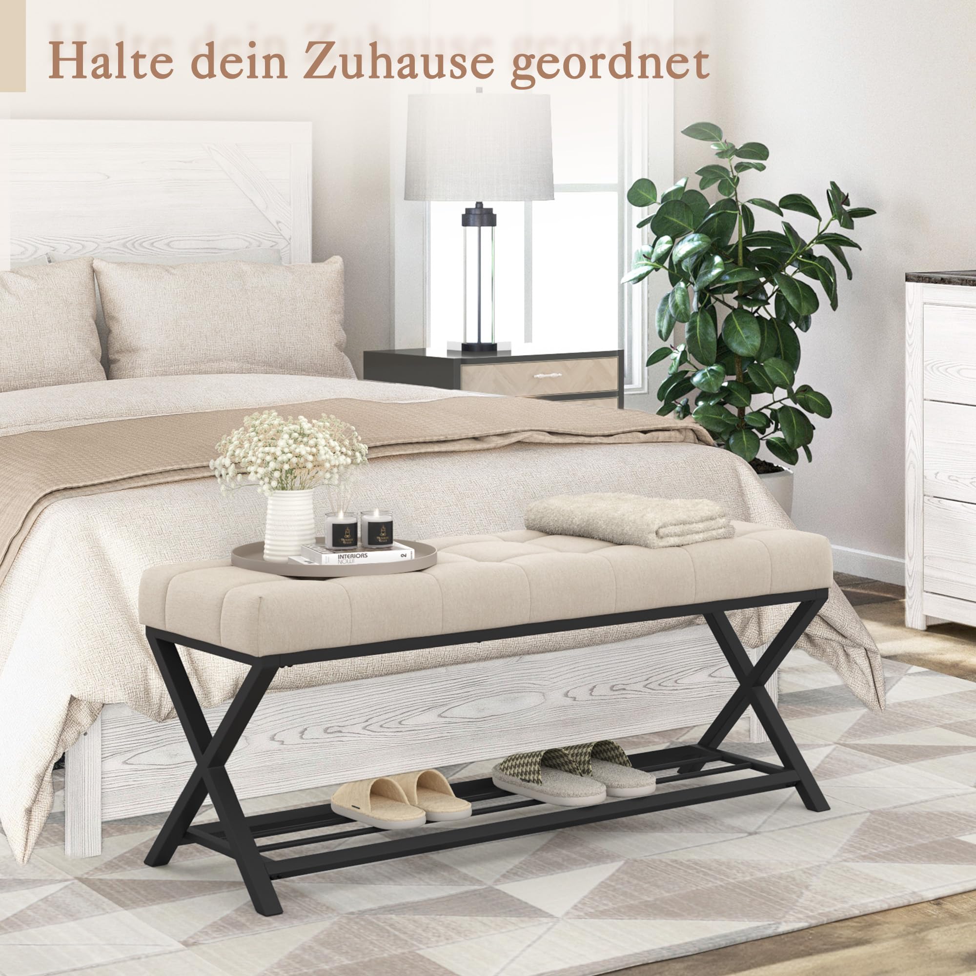 LUE BONA Schuhbank,Schuhbank mit Sitzfläche,Schuhbank mit Sitzbank und Leinen Gepolstertem,Sitzbank Flur mit Metallrahmen für Eingangsbereich,Wohnzimmer,Flur,113 x 38 x 46 cm,Leinen