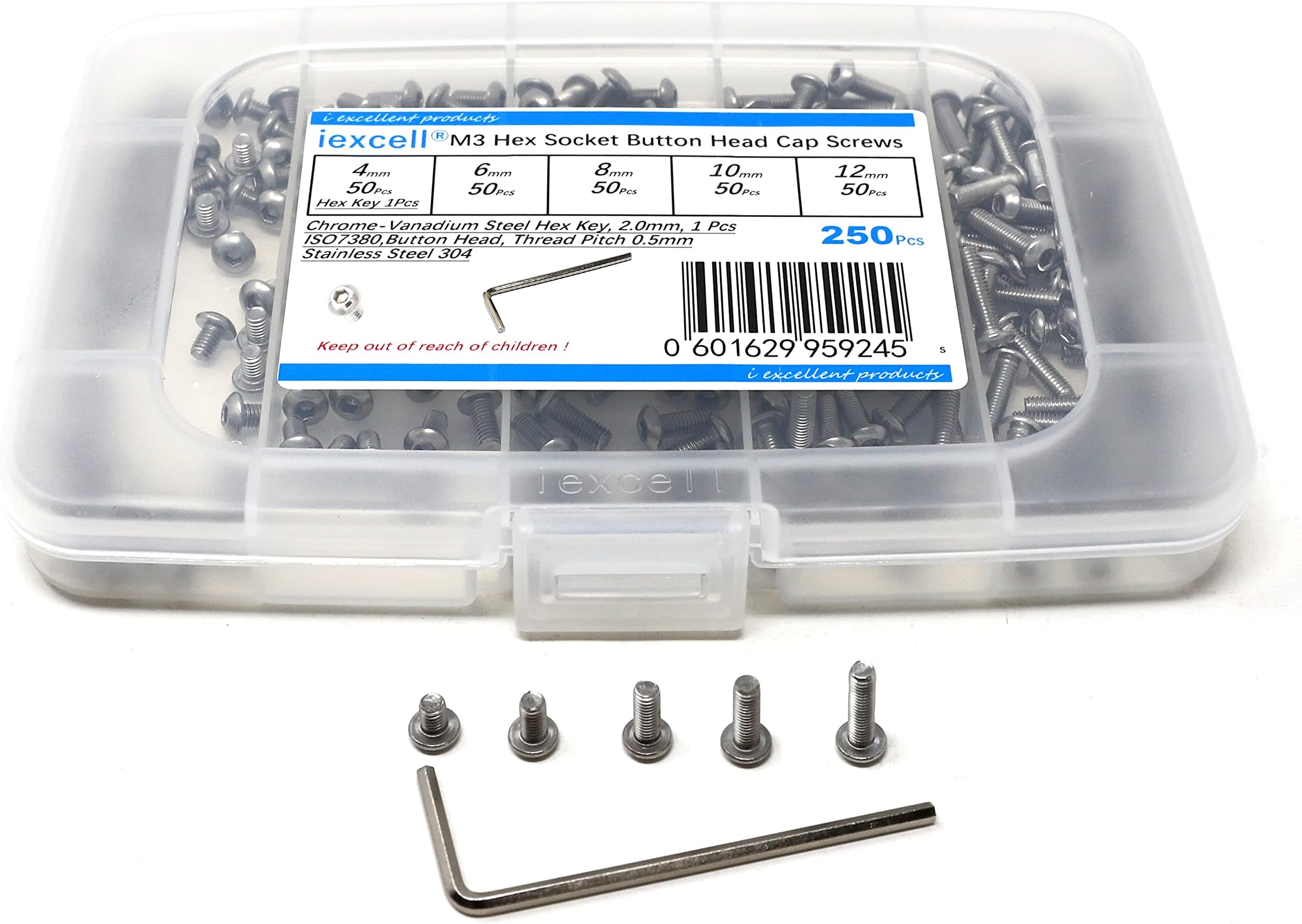 iExcell 250 Pcs M3 x 4/6/8/10/12 mm Stainless Steel 304 Hex Socket Button Head Cap Screws Bolts Assortment Kit