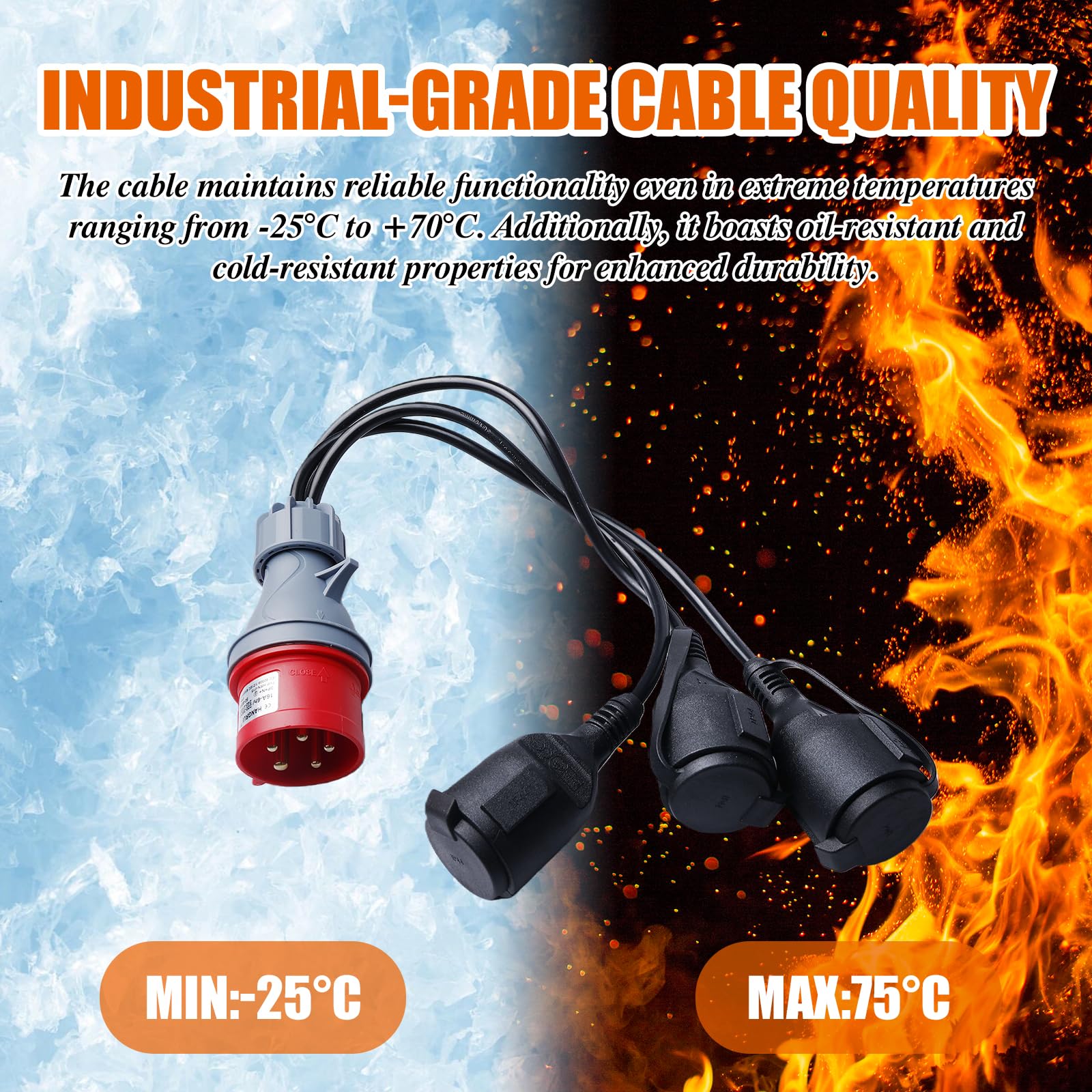 Adaptateur CEE, Câble Adaptateur CEE de Camping avec Couvercle Rabattable et Prise de Terre, Adattatore CEE 400 V 16 A, Fiche vers 3 Prises 230 V, pour Caravanes, Industrie, Espaces Extérieurs