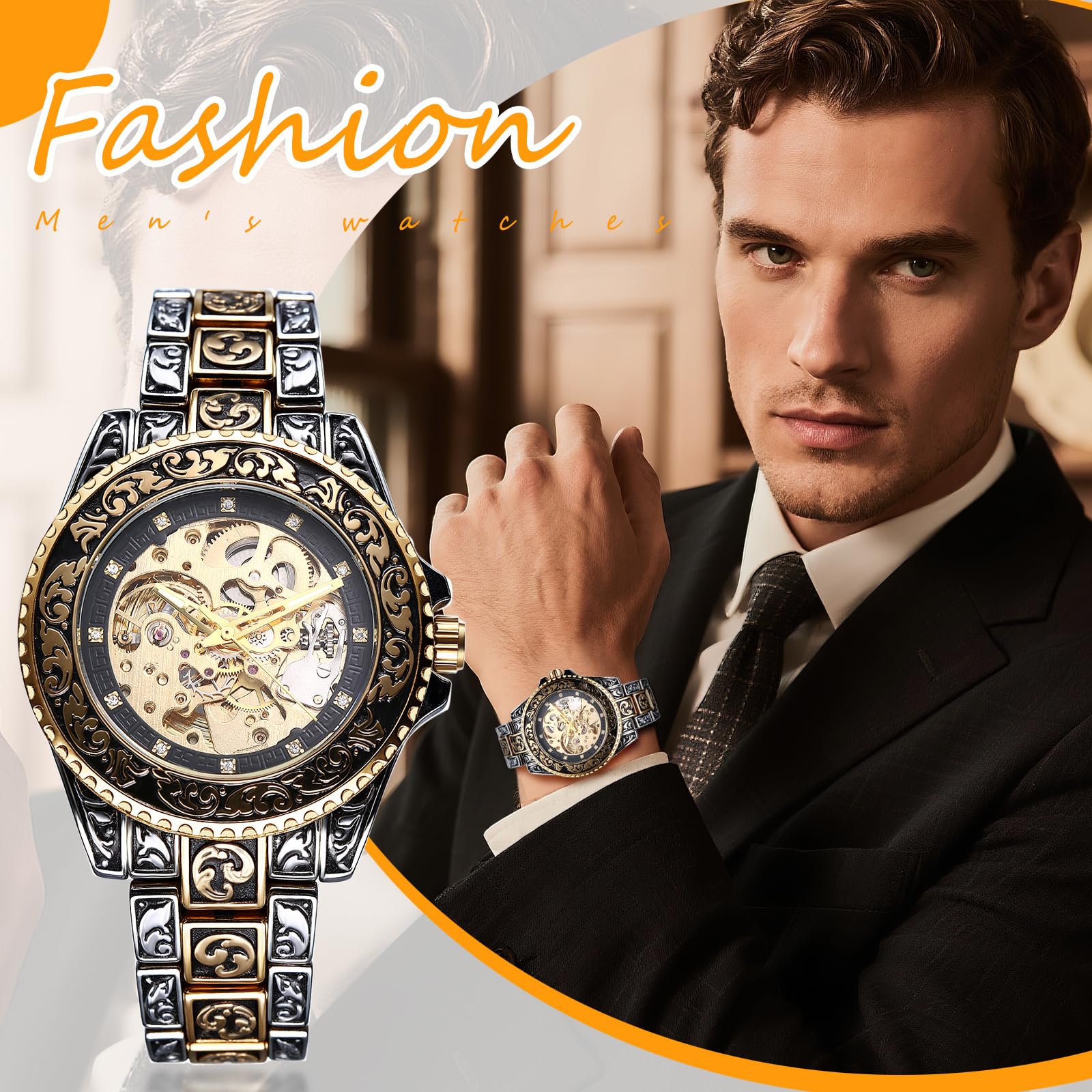 JewelryWe Zegarek męski w stylu vintage, szkielet: 2 sztuki, 36 godzin, rezerwa biegów, automatyczny, mechaniczny, ze stali nierdzewnej, automatyczny zegarek ze świecącymi wskazówkami, skala