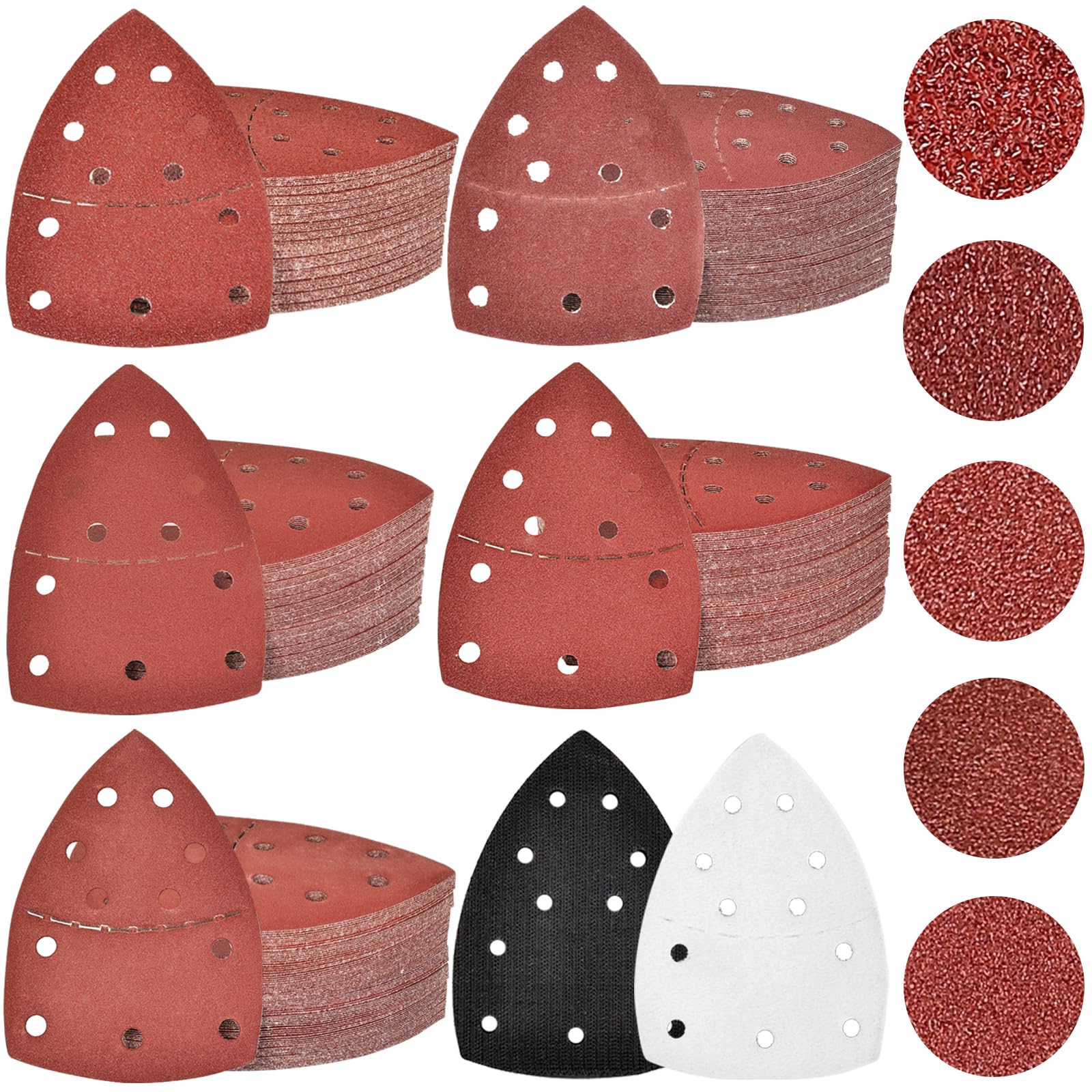 200 lijadoras de ratón de grano 60/80/120/180/240 (40 unidades cada uno) con 2 almohadillas de interfaz de gancho y bucle, hojas de lija triangulares de 11 agujeros para lijadoras de palma/detalles