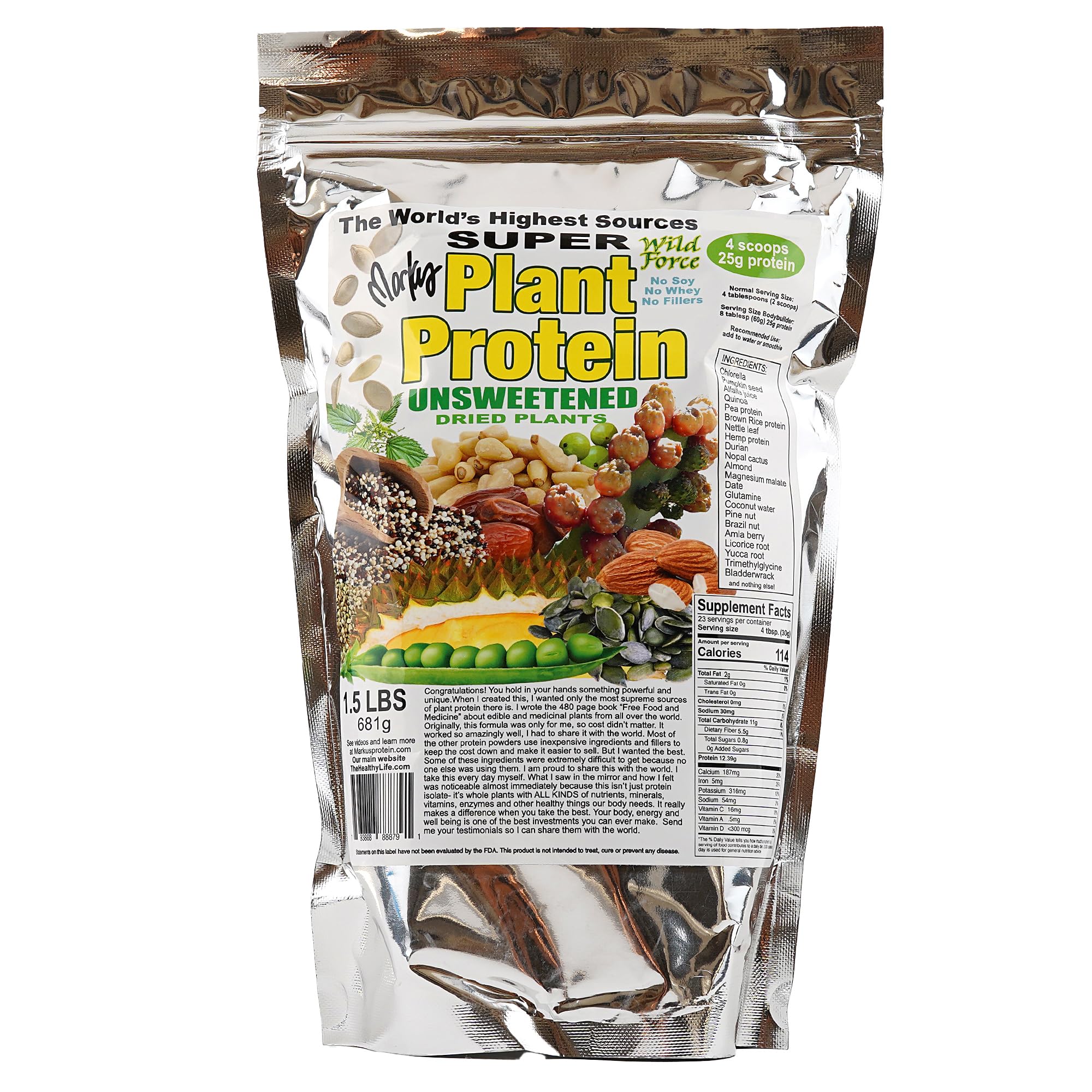 Wild Force Proteína Vegetal em Pó sem Açúcar com Pinhões, Chlorella, Durian e Cacto Pera Espinhosa, 681 g