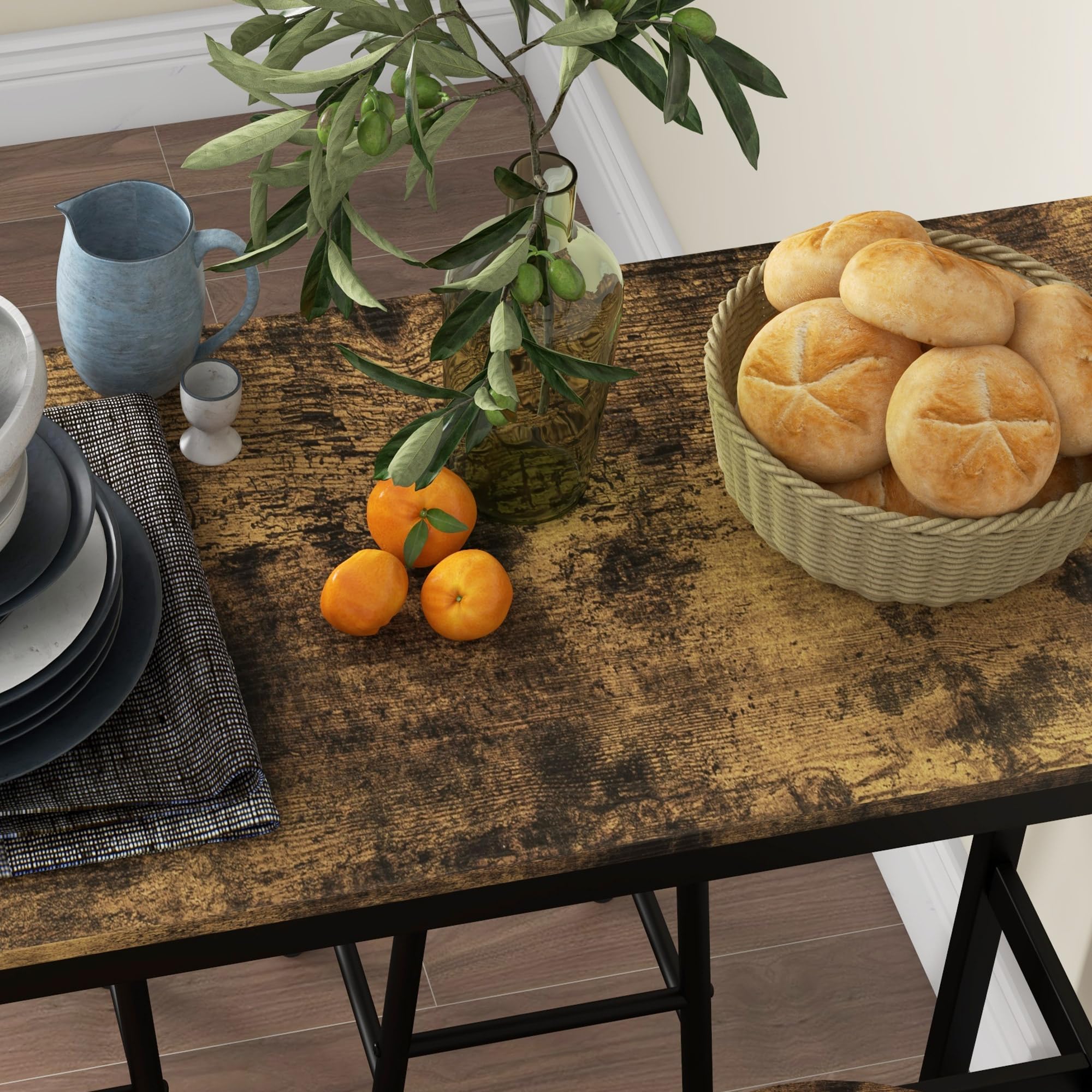 HOMCOM Set Tavolo Rettangolare 4 Posti e Sedie, 4 Sgabelli Poggiapiedi in MDF e Acciaio, Poggiapiedi Ø30x60 cm e Tavolo Rettangolare 105x40x90 cm, Nero e Marrone