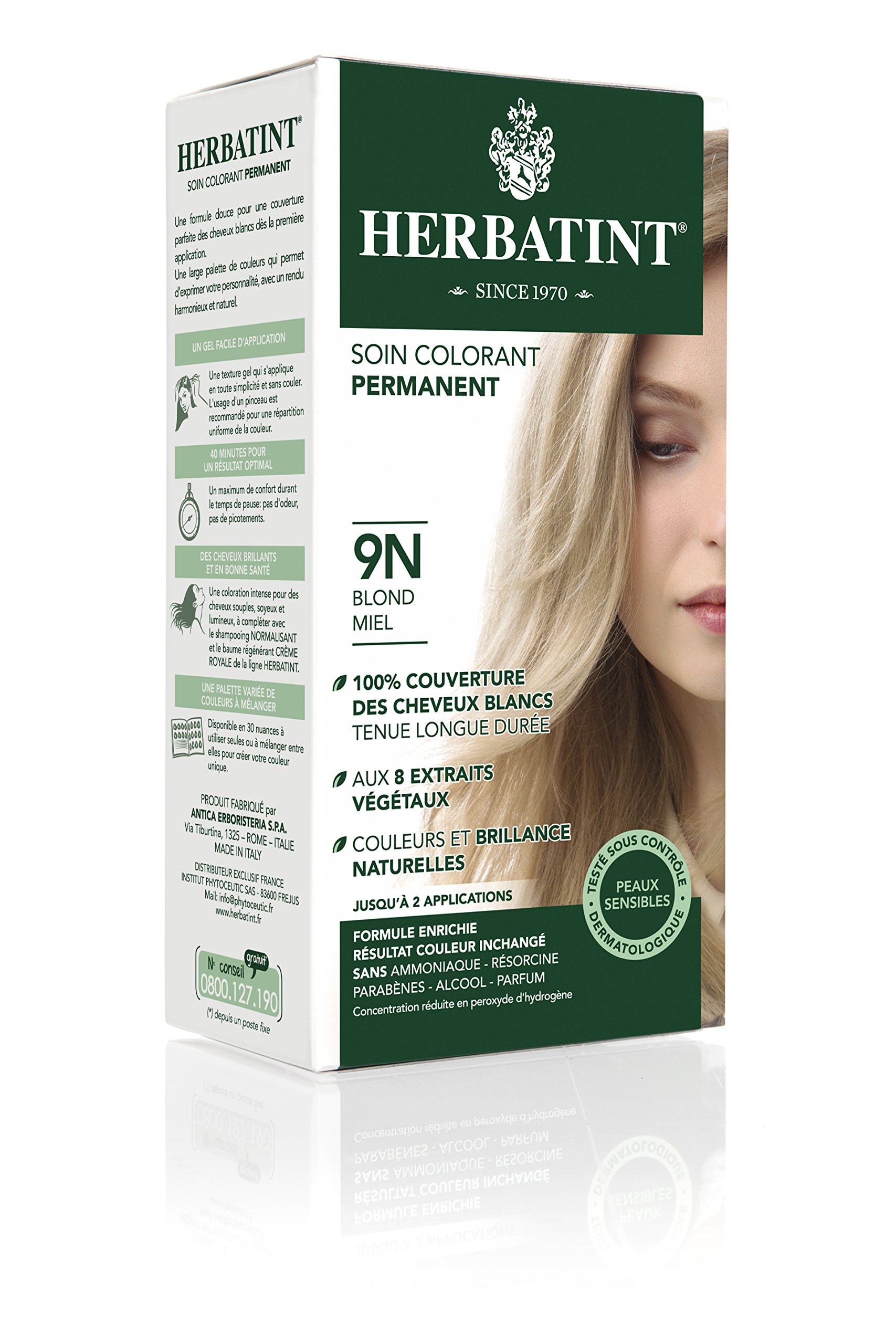 HerbatintPermanent Hair Colour 9N Honey Blonde - 150ml Ammonia Free, Optimal Coverage of White Hair, Dermatological for Sensitive Skin, with 8 Organic Plant Extracts