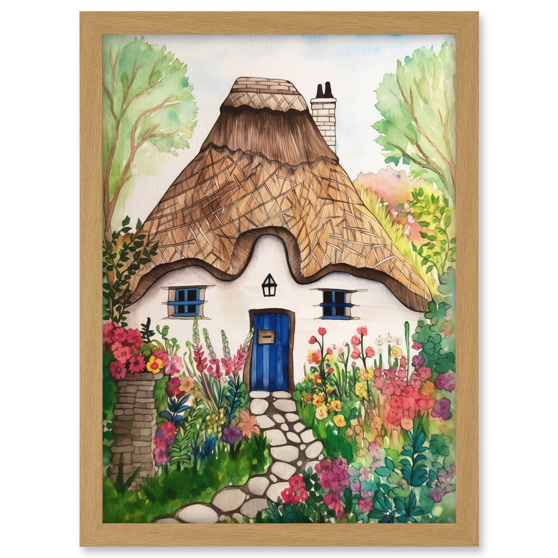 Artery8 The Cottage In The Forrest Flowers Folk Art Artwork Framed A3 Wall Art Print