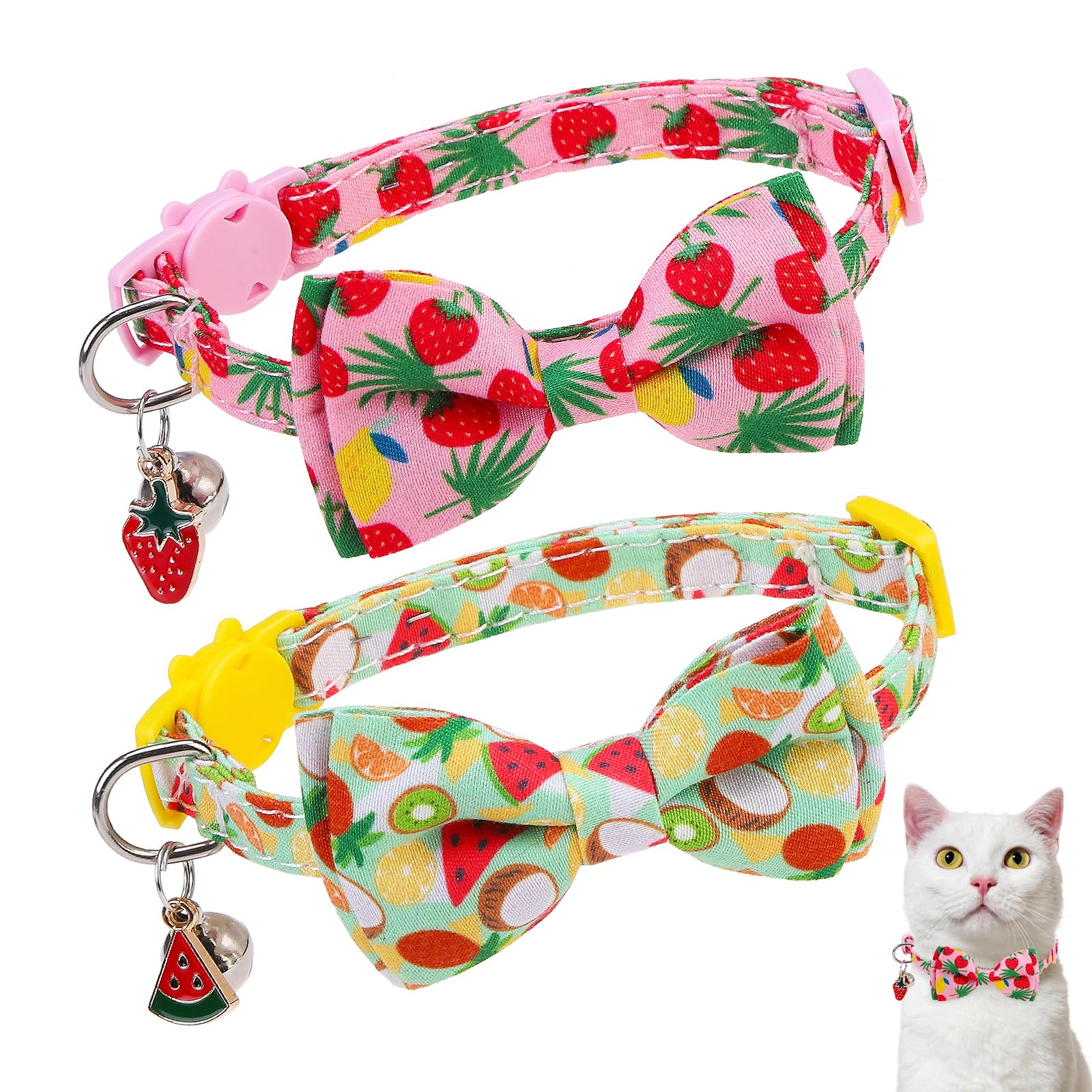 DILLYBUD Cat Collar with Bell Bow Tie Fruit Breakaway Bowtie Cat Collar for Spring Summer, Adjustable Safety Kitten Collars with Removable Bowtie &