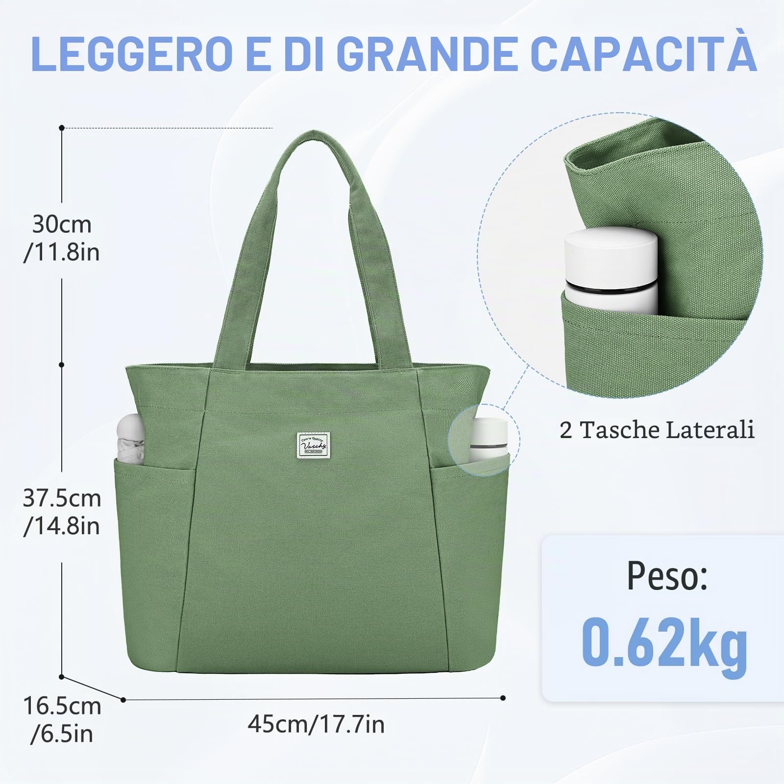 VASCHY Tote Bag,Borsa Donna Università Elegante Borsa Mare Pieghevole Borsa Tote Donna Lavoro Scuola Viaggio Palestra Shopping Bag Leggero