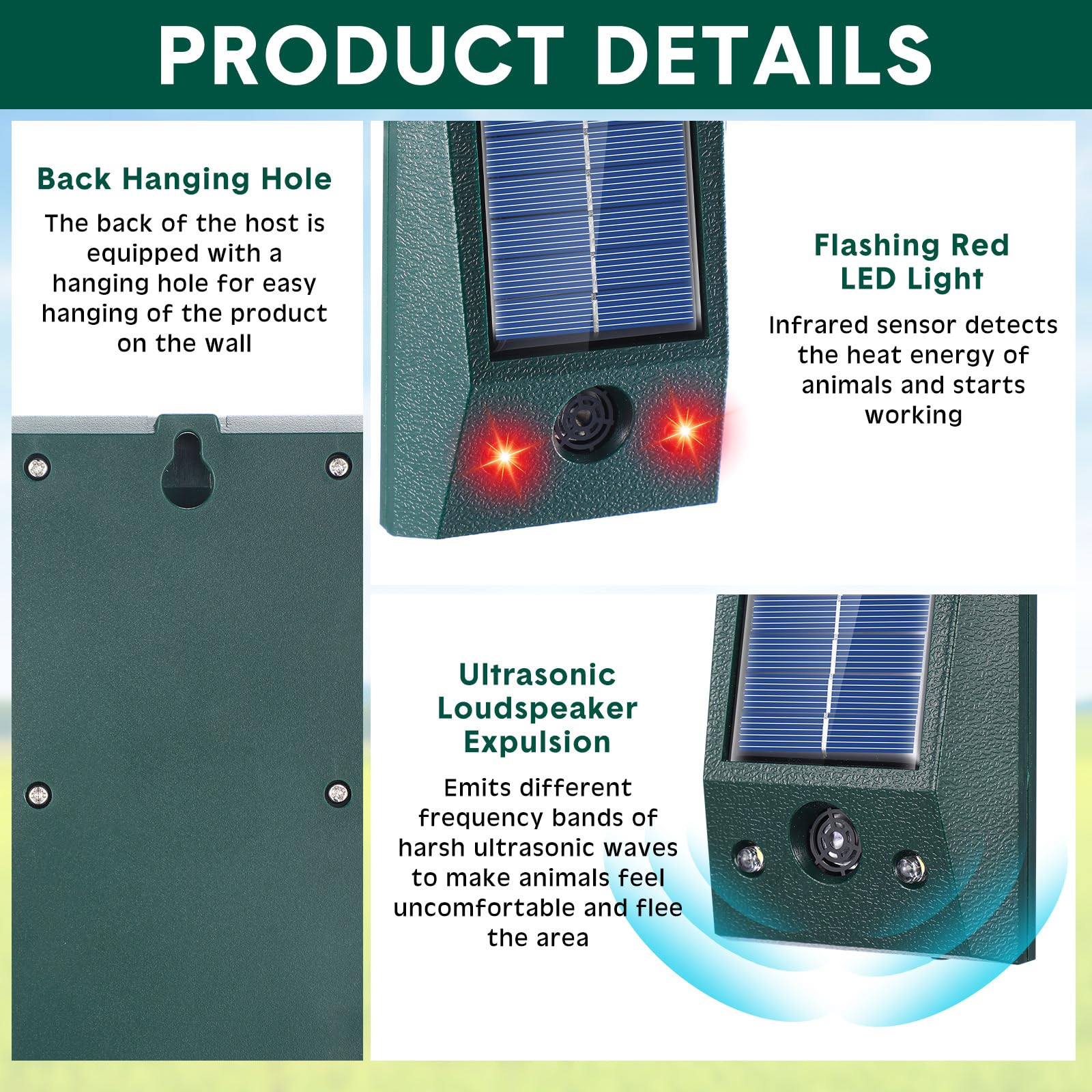 Qualirey 4 unidades de repelentes solares ultrasónicos de animales para exteriores, dispositivos repelentes de ratones con luz estroboscópica intermitente, impermeable, repelente solar de animales