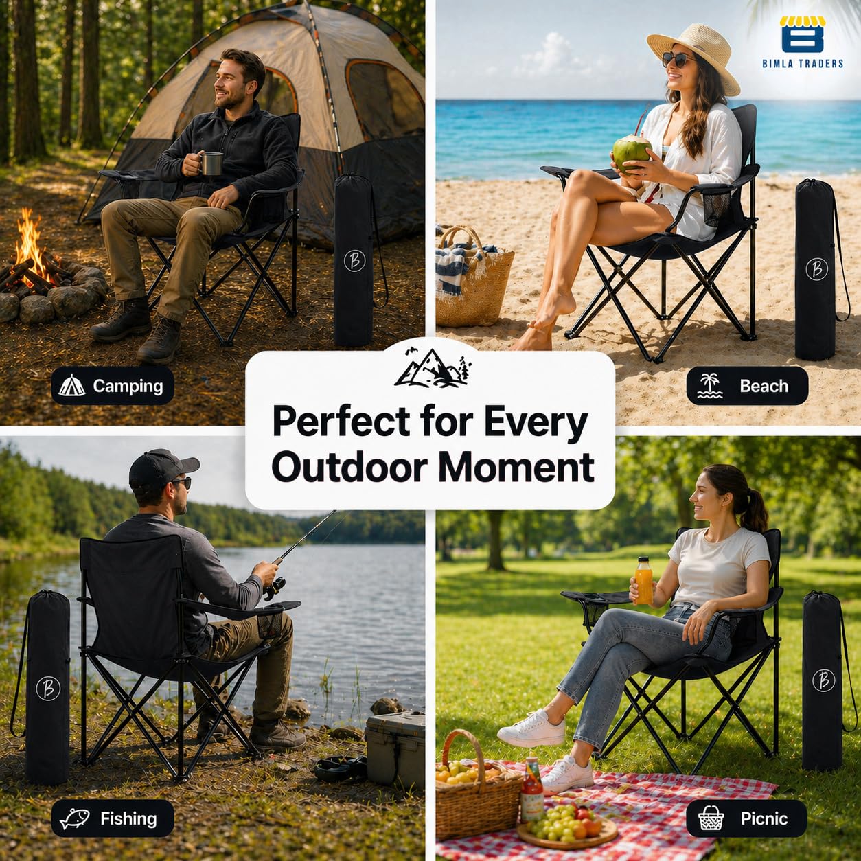 BTAG Foldable Camping Chair with Armrest & Cup Holder, Portable Outdoor Chair with Carry Bag for Camping, Picnic, Fishing & Travel β Black 2