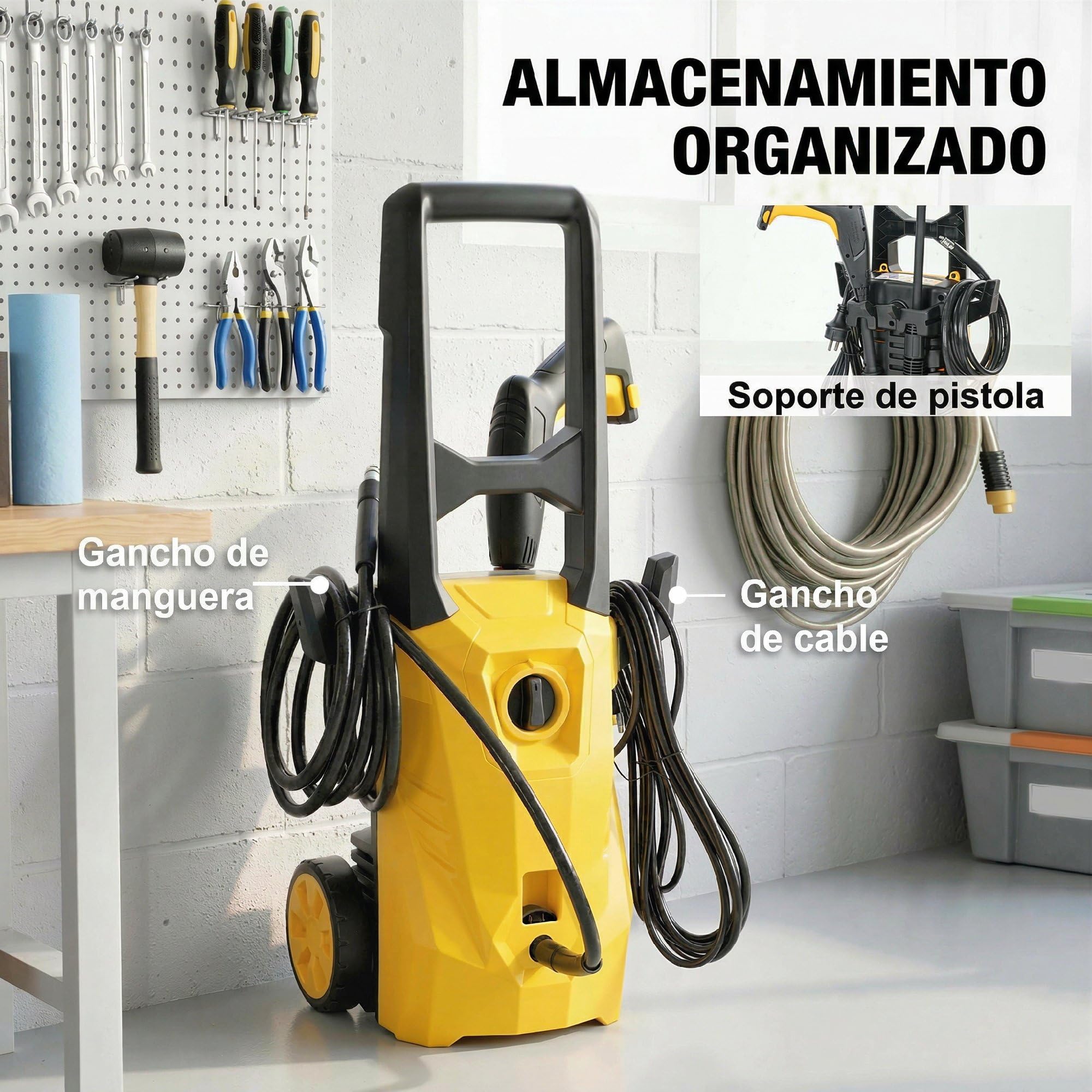 Outsunny Hidrolimpiadora de Alta Presión 1600W 120 Bar 390 L/h Amarillo | Bomba de Aluminio, Parada Automática, Manguera 3 m, Boquilla Ajustable, Ruedas, para Hogar Jardín Coche