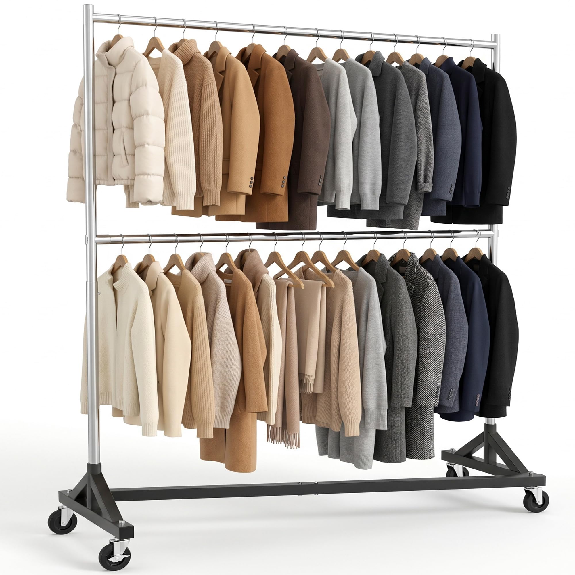 Kleiderständer, stabil, Kleiderstange mit Rollen, Z-Ständer, Schwerlast Kleiderständer, 3-stufig verstellbare Höhe, bis 270 kg belastbar, mit 2 Kleiderstangen, 218 * 61,5 * 158 cm, silber