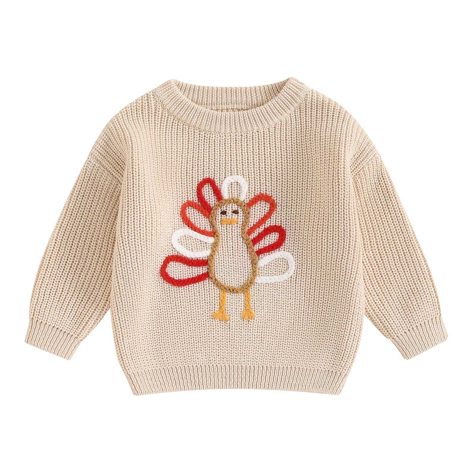 Nibbcoa Kids Toddler Thanksgiving Sweater Boys Girls Gobble Turkey Embroidery Long Sleeve Knit Sweatshirt Pullover Sweaters (Beige, 2-3 Years)