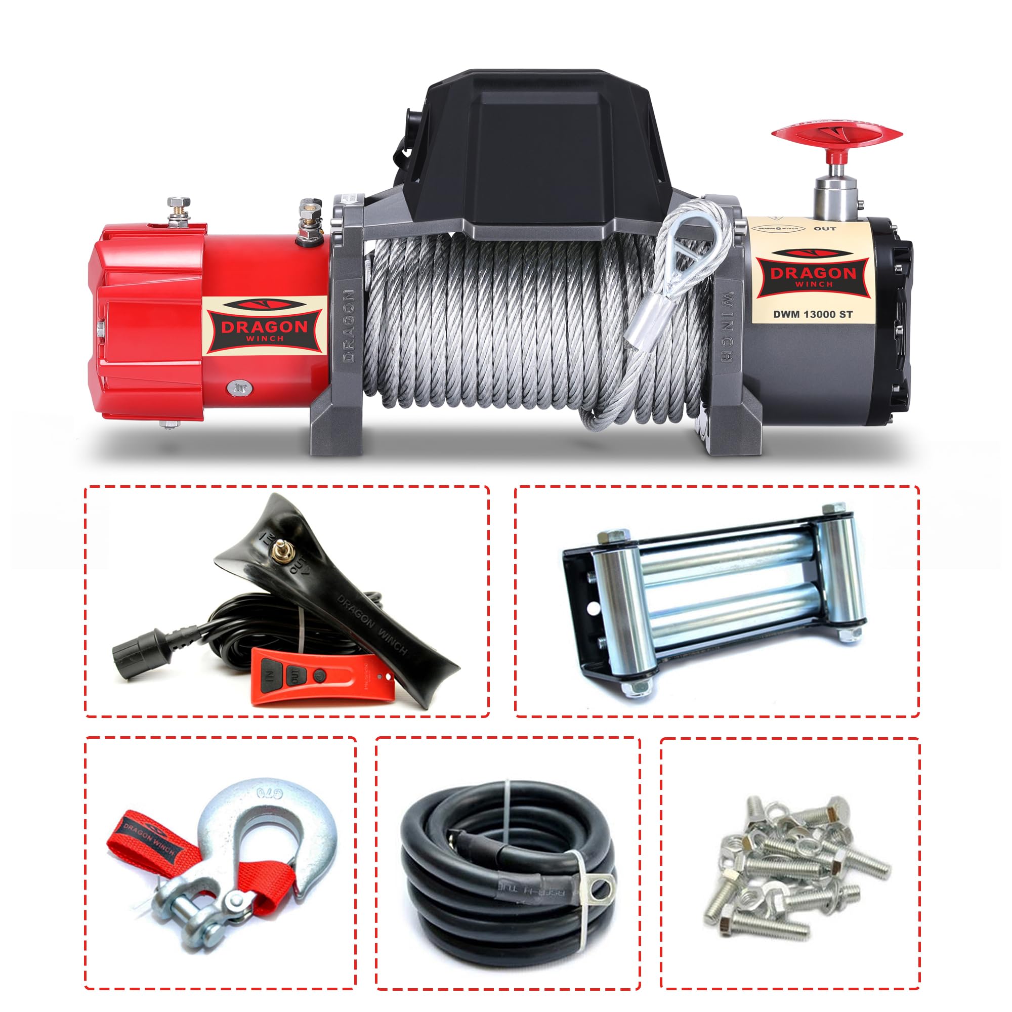 Dragon Winch Treuil électrique 12V avec radiateur 13000 lbs / 5897 kg. avec câble en acier 20m pour dépanneuses et véhicules municipaux | télécommande sans fil + accessoires treuil | Étanchéité IP67